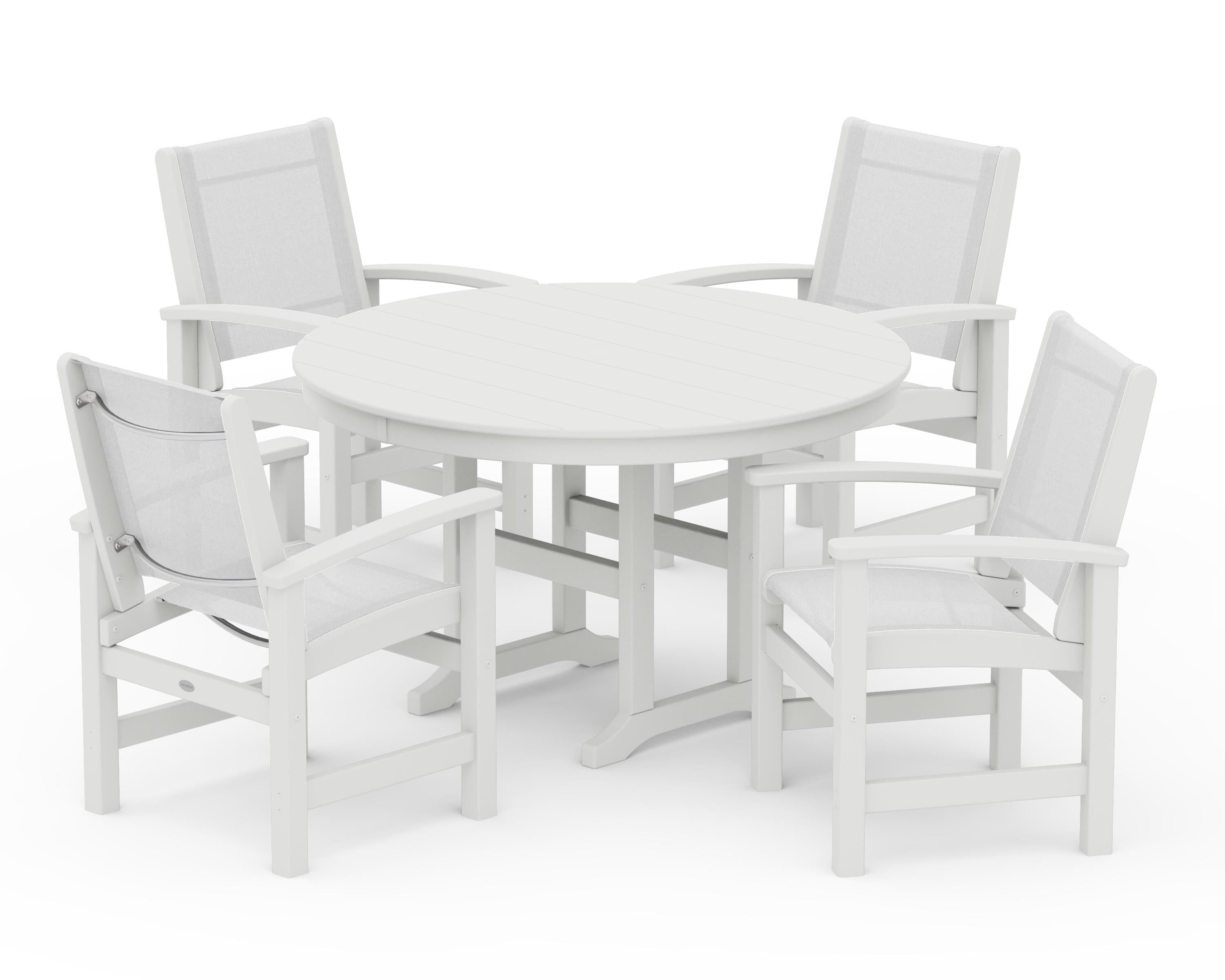 POLYWOOD Coastal 5-Piece Round Farmhouse Dining Set in Vintage White / White Sling