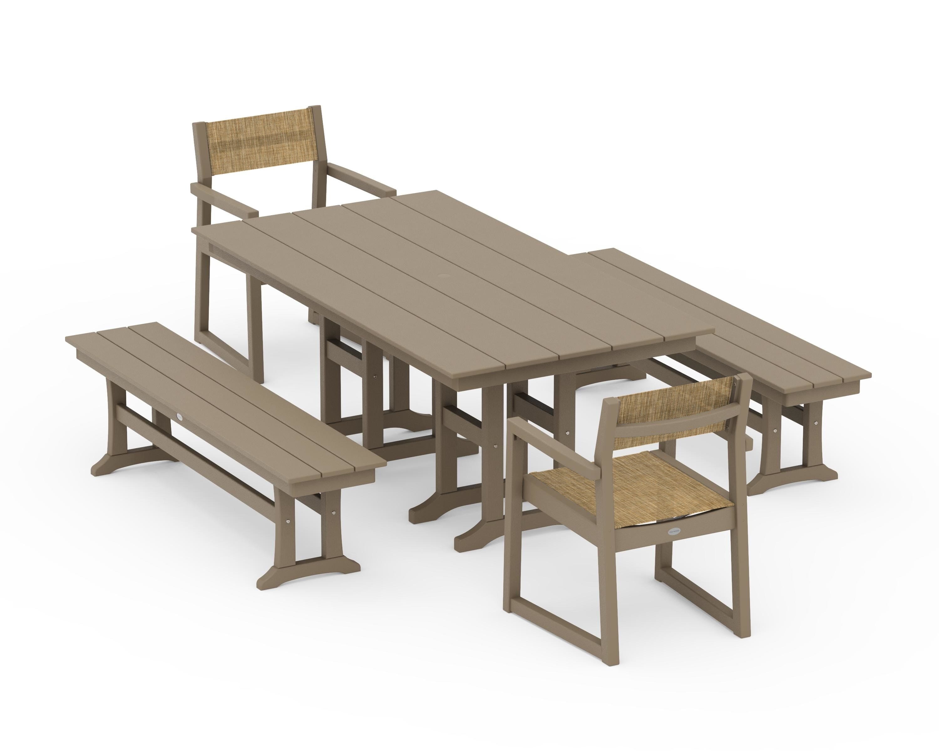 POLYWOOD EDGE Sling Arm Chair 5-Piece Farmhouse Dining Set with Benches in Vintage Sahara / Burlap Sling