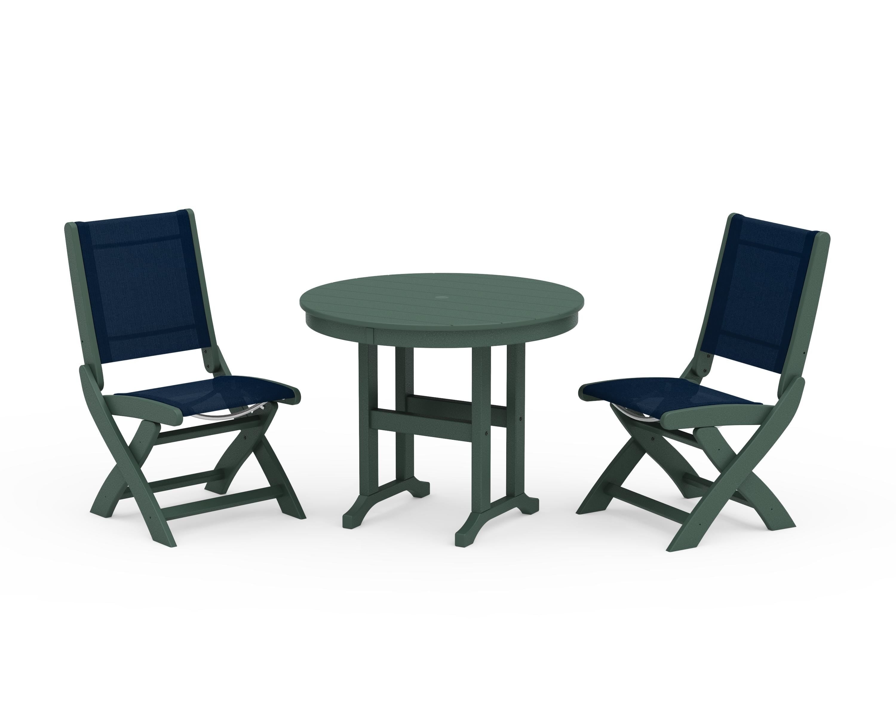 POLYWOOD Coastal Folding Side Chair 3-Piece Round Dining Set in Green / Navy Blue Sling