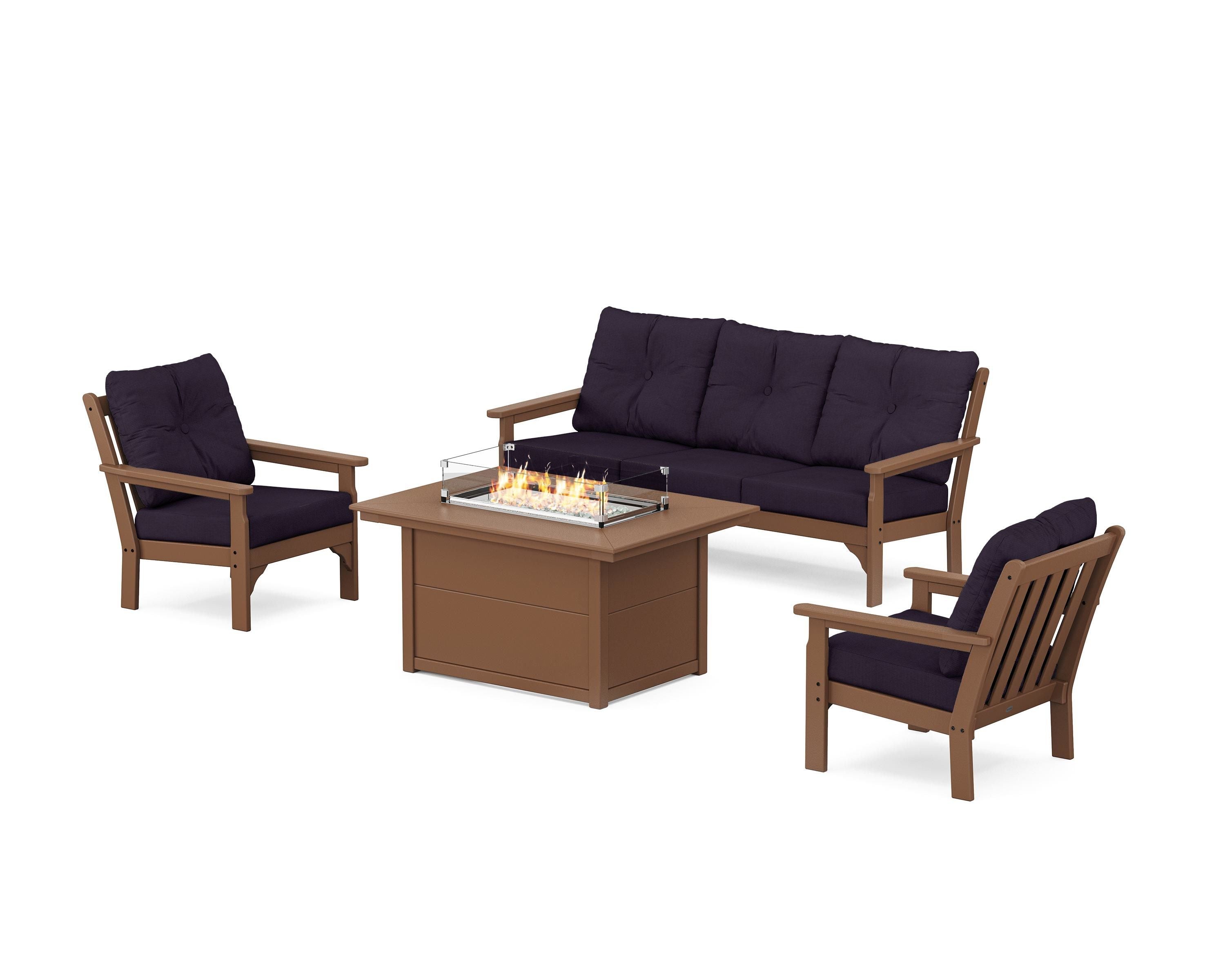 POLYWOOD Vineyard Deep Seating Fire Pit Table Set in Teak / Navy Linen