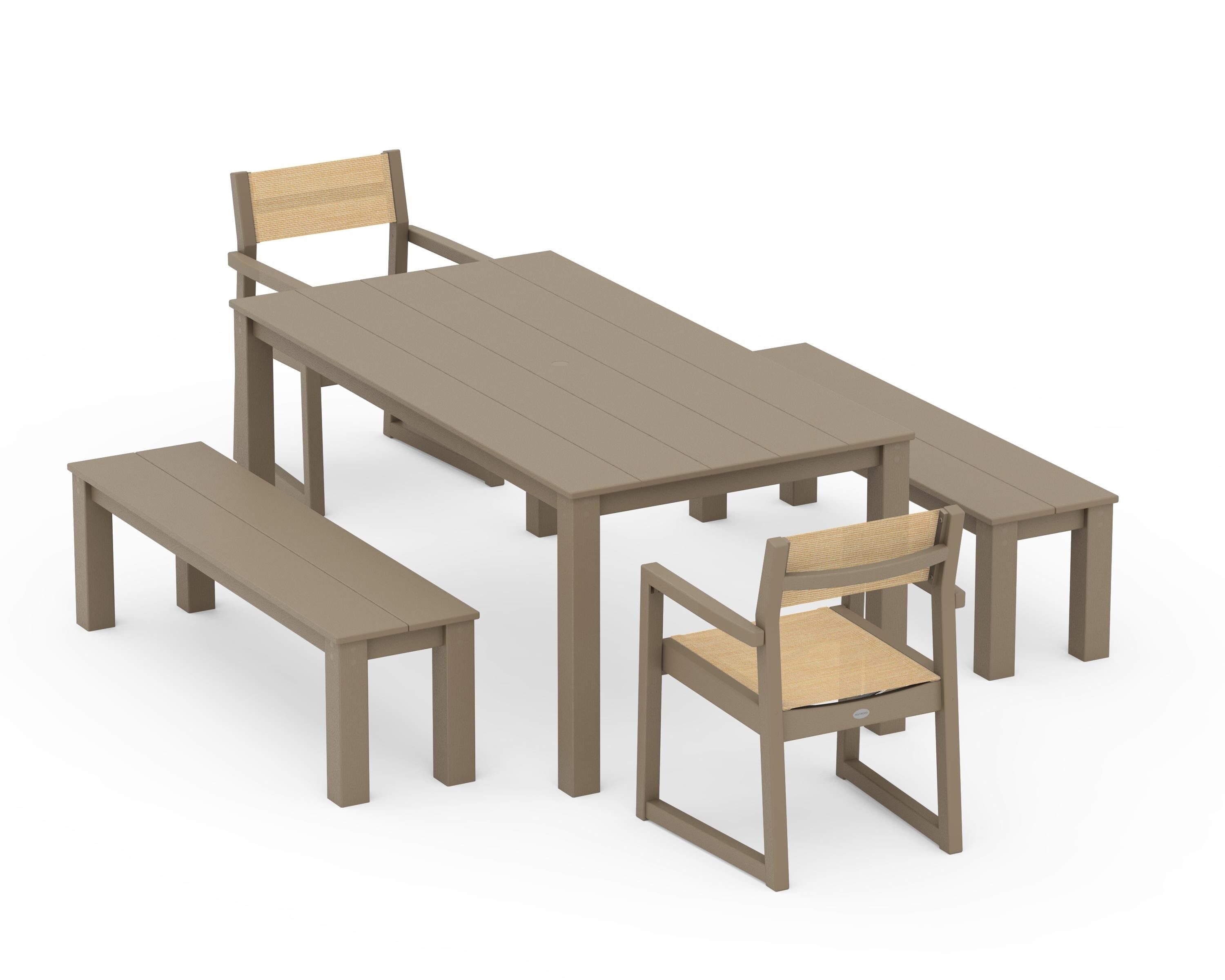 POLYWOOD EDGE Sling Arm Chair 5-Piece Parsons Dining Set with Benches in Vintage Sahara / Dupioni Apricot Sling