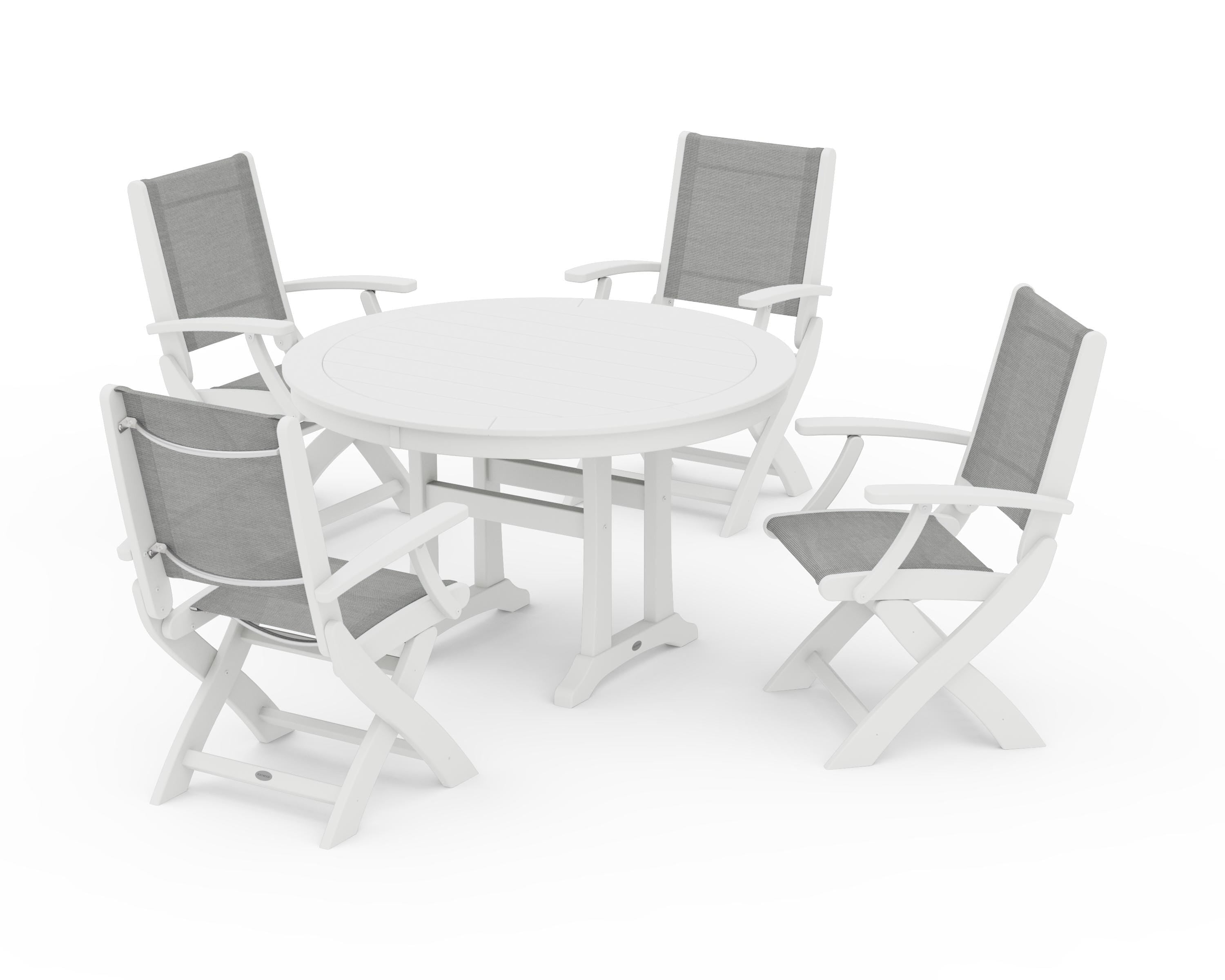 POLYWOOD Coastal Folding Chair 5-Piece Round Dining Set with Trestle Legs in White / Metallic Sling
