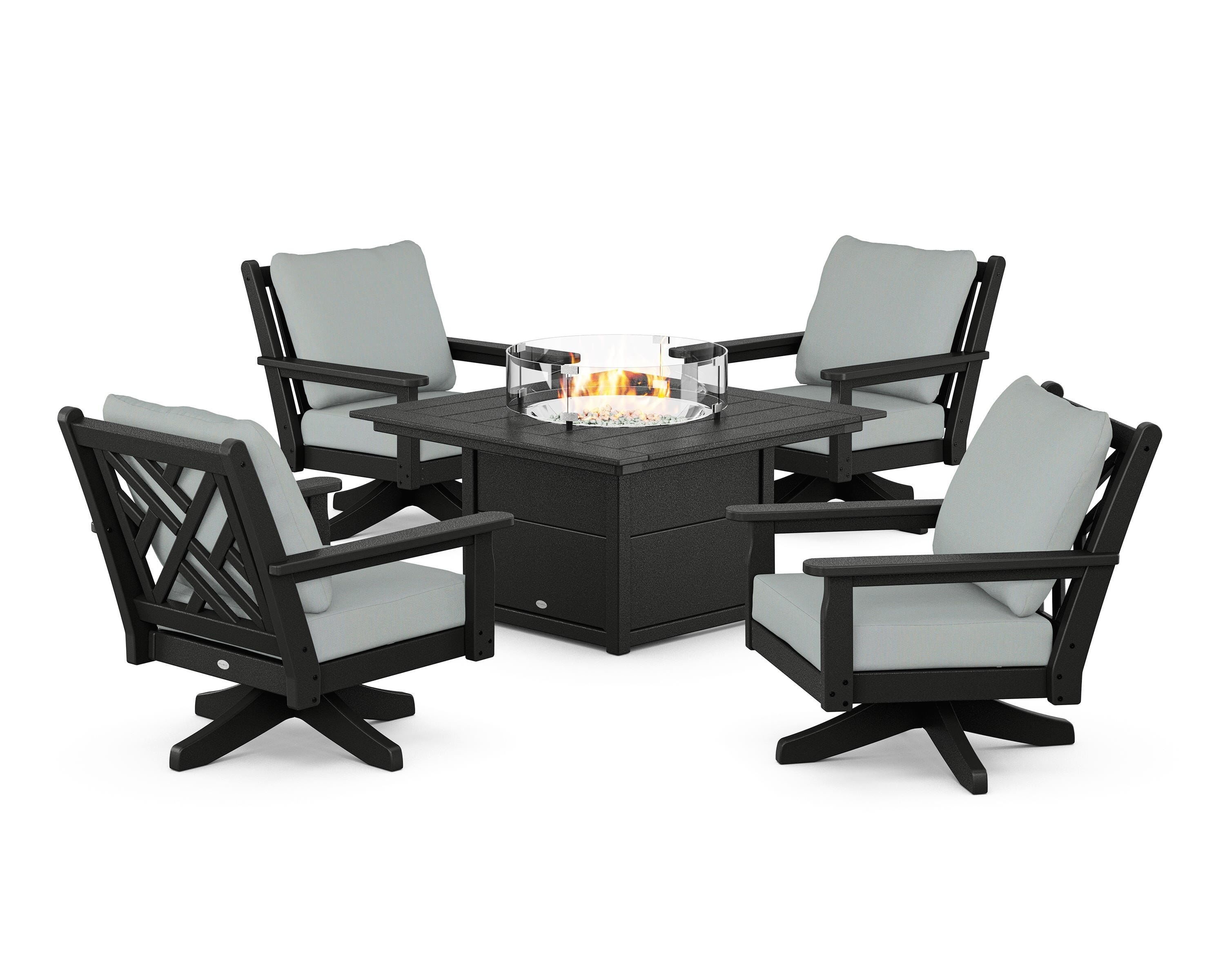 POLYWOOD Chippendale 5-Piece Deep Seating Swivel Conversation Set with Fire Pit Table in Black / Spa