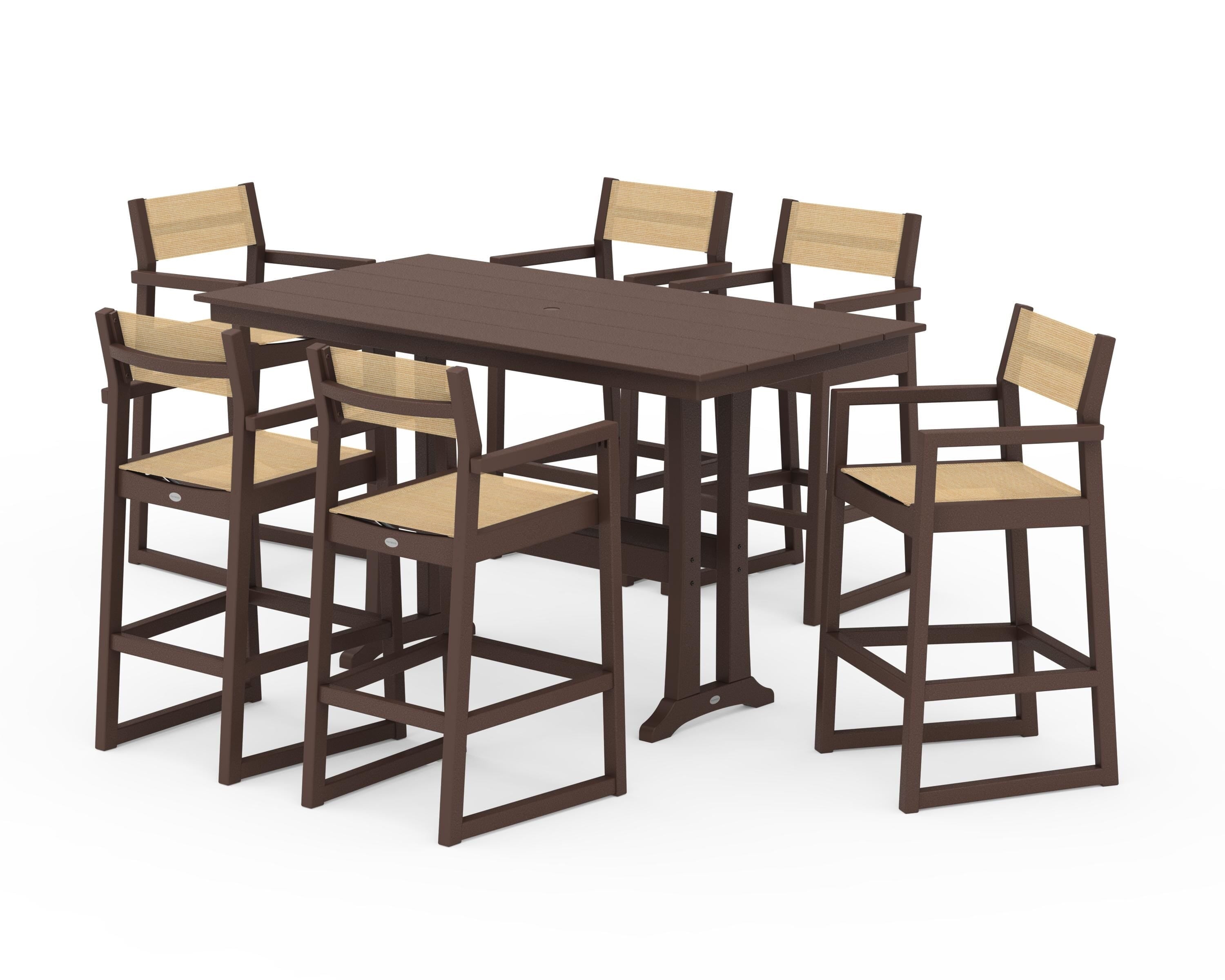 POLYWOOD EDGE Sling Arm Chair 7-Piece Farmhouse Bar Set with Trestle Legs in Mahogany / Dupioni Apricot Sling
