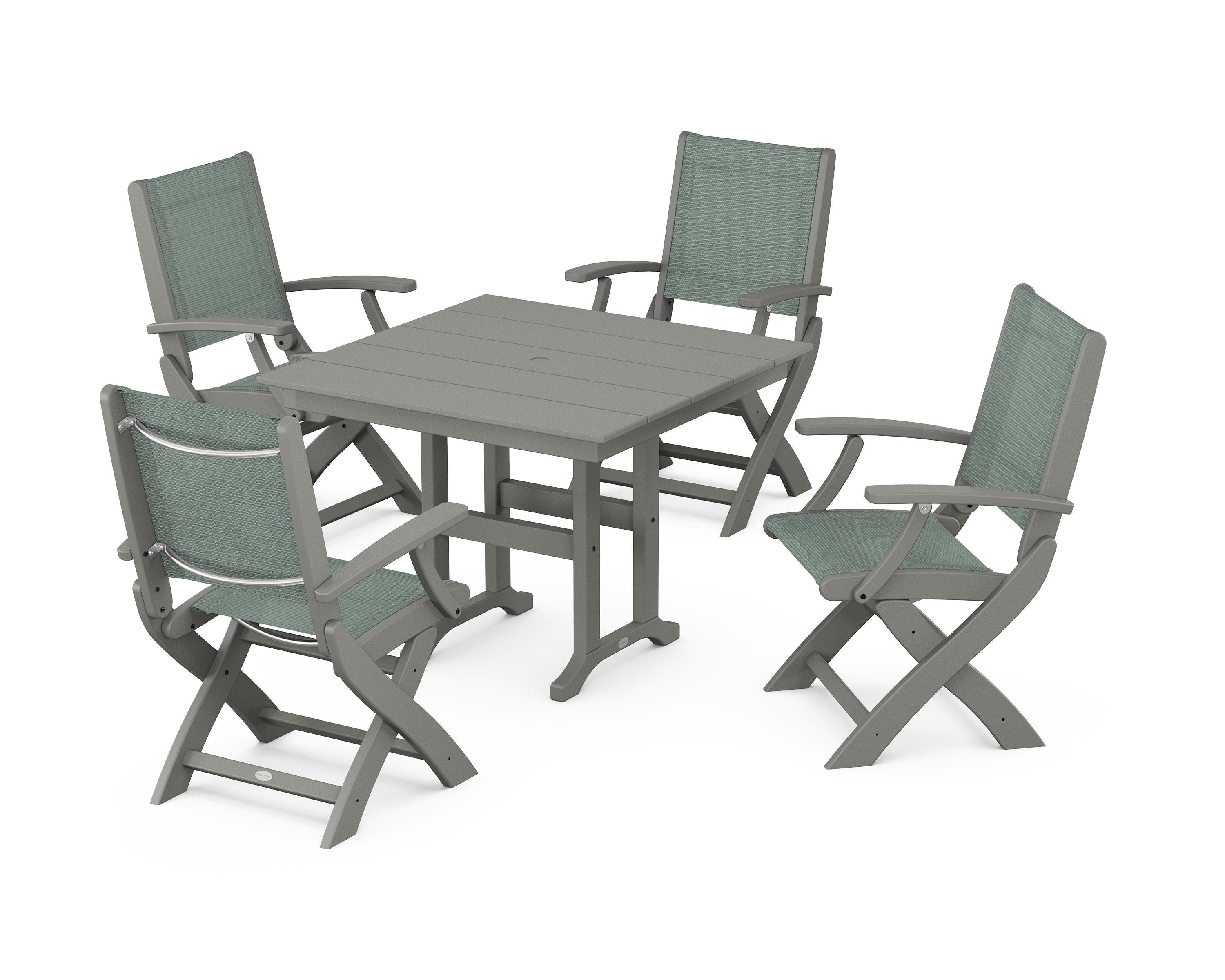 POLYWOOD Coastal Folding Chair 5-Piece Farmhouse Dining Set in Slate Grey / Dupioni Sea Mist Sling