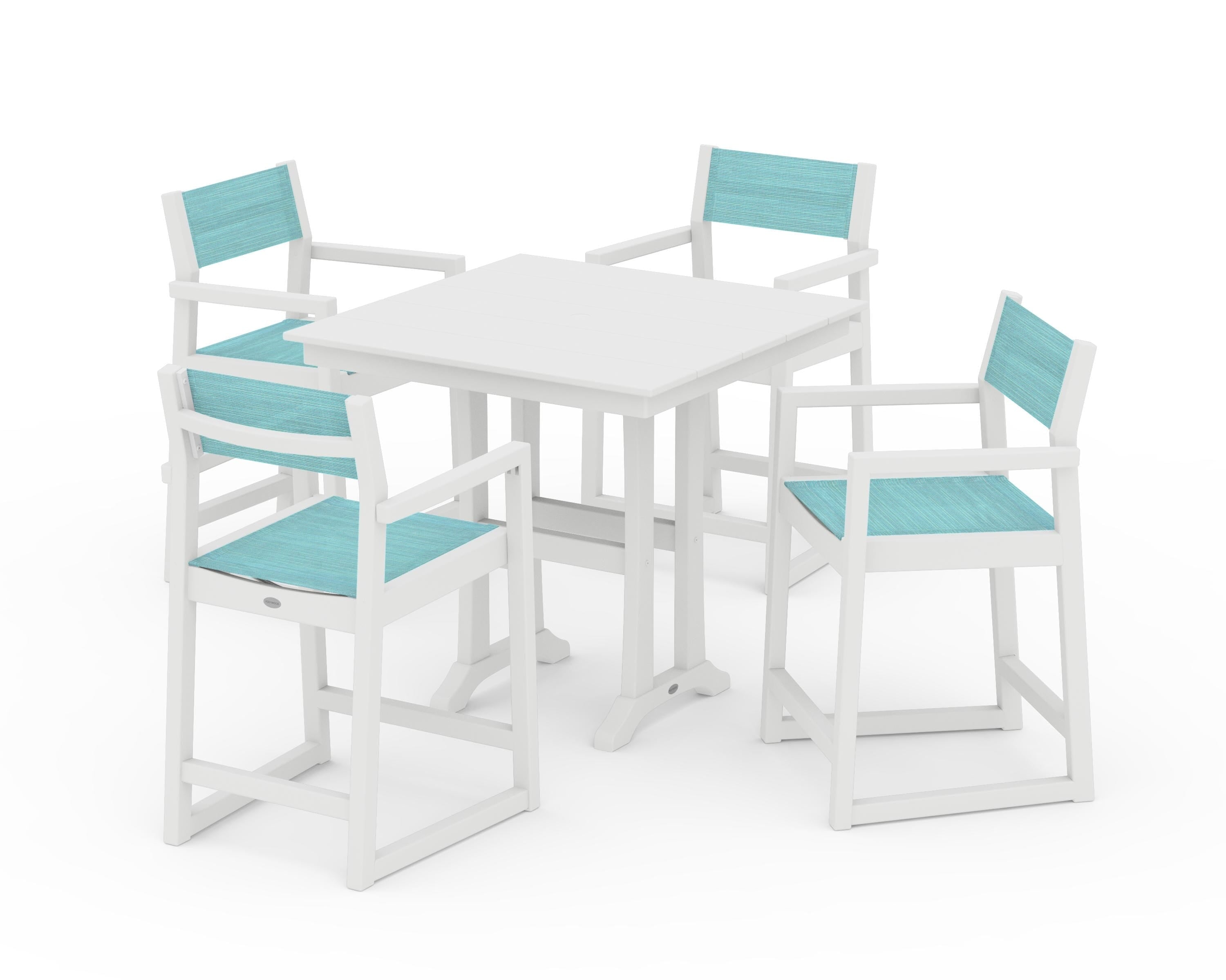 POLYWOOD EDGE Sling Arm Chair 5-Piece Farmhouse Counter Set with Trestle Legs in White / Dupioni Aquamarine Sling