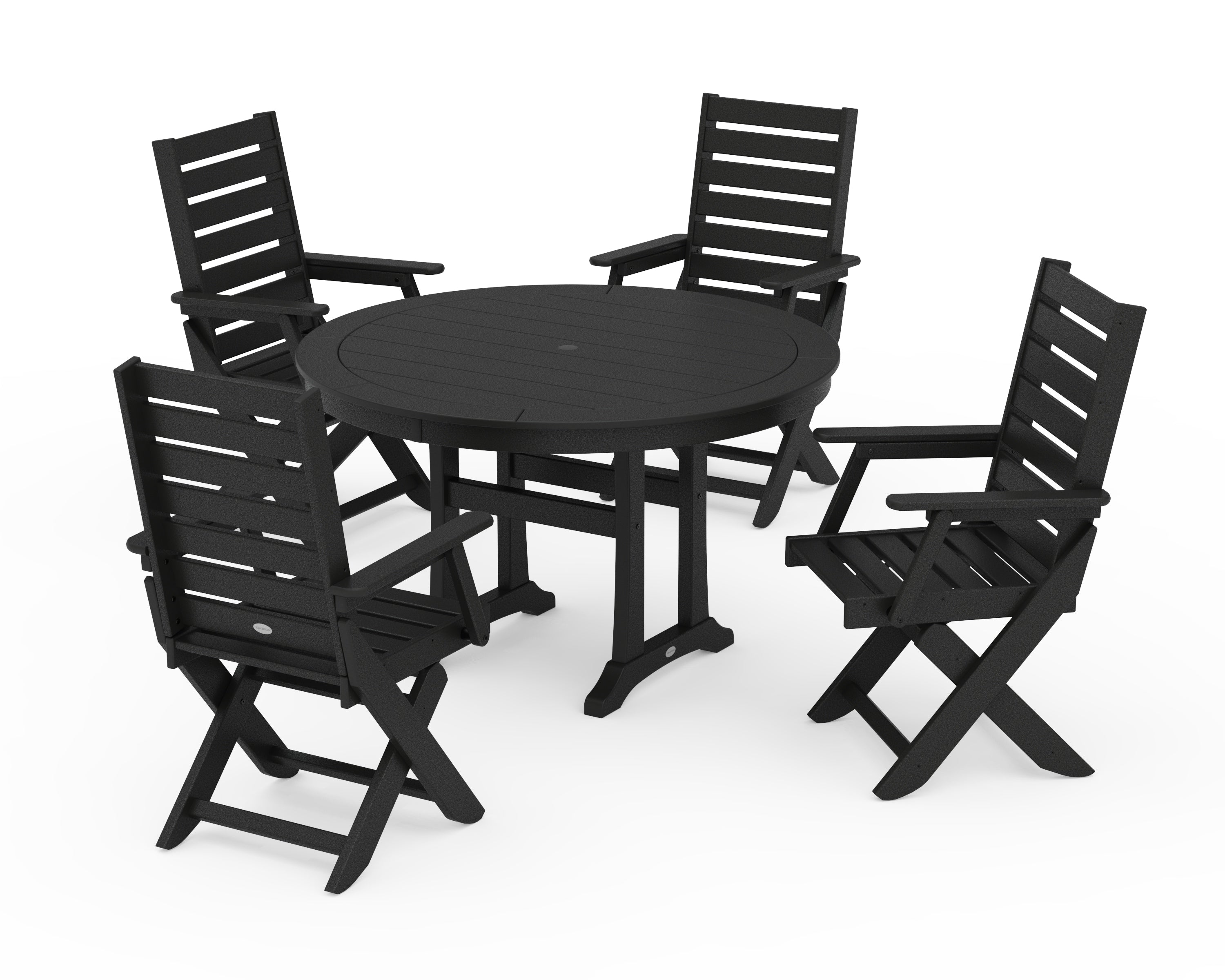 POLYWOOD Captain Folding Chair 5-Piece Round Dining Set with Trestle Legs in Black