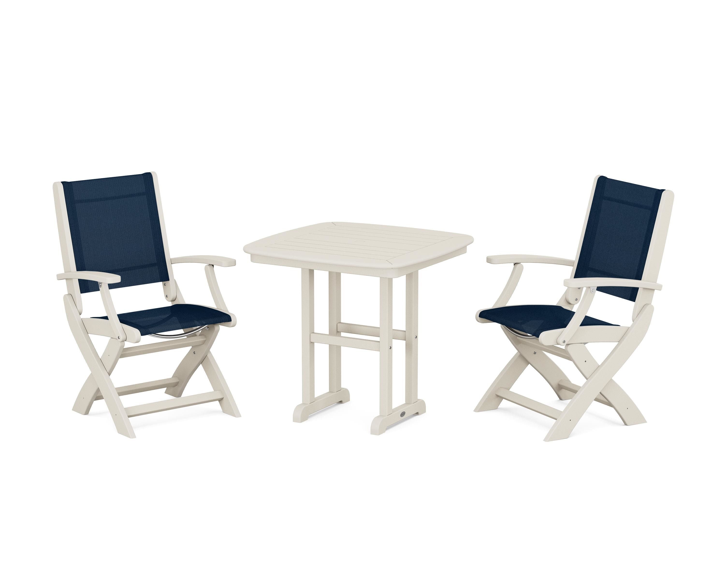 POLYWOOD Coastal Folding Chair 3-Piece Dining Set in Sand / Navy Blue Sling