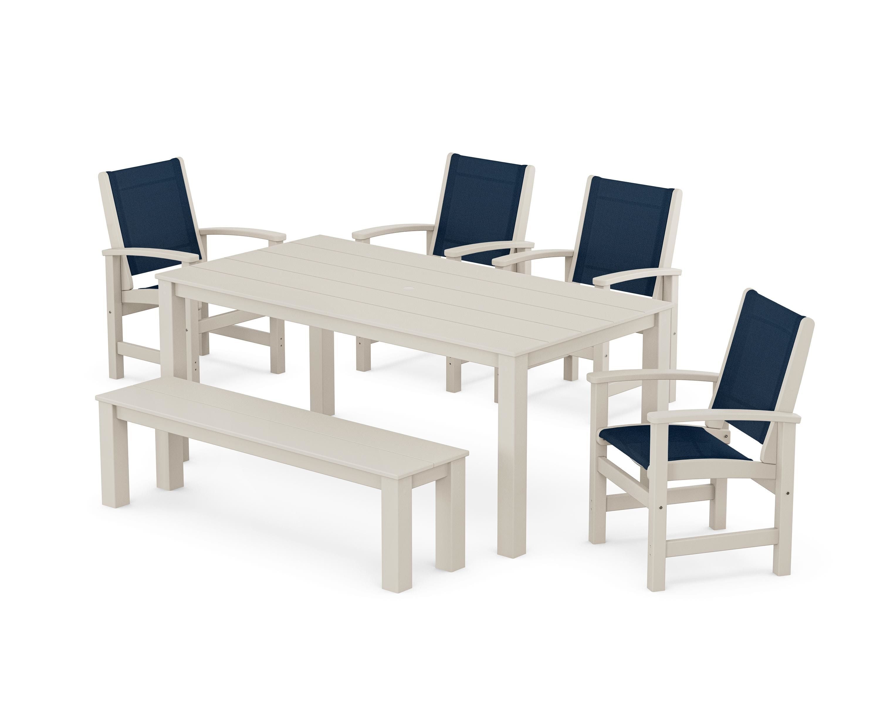 POLYWOOD Coastal 6-Piece Parsons Dining Set with Bench in Sand / Navy Blue Sling