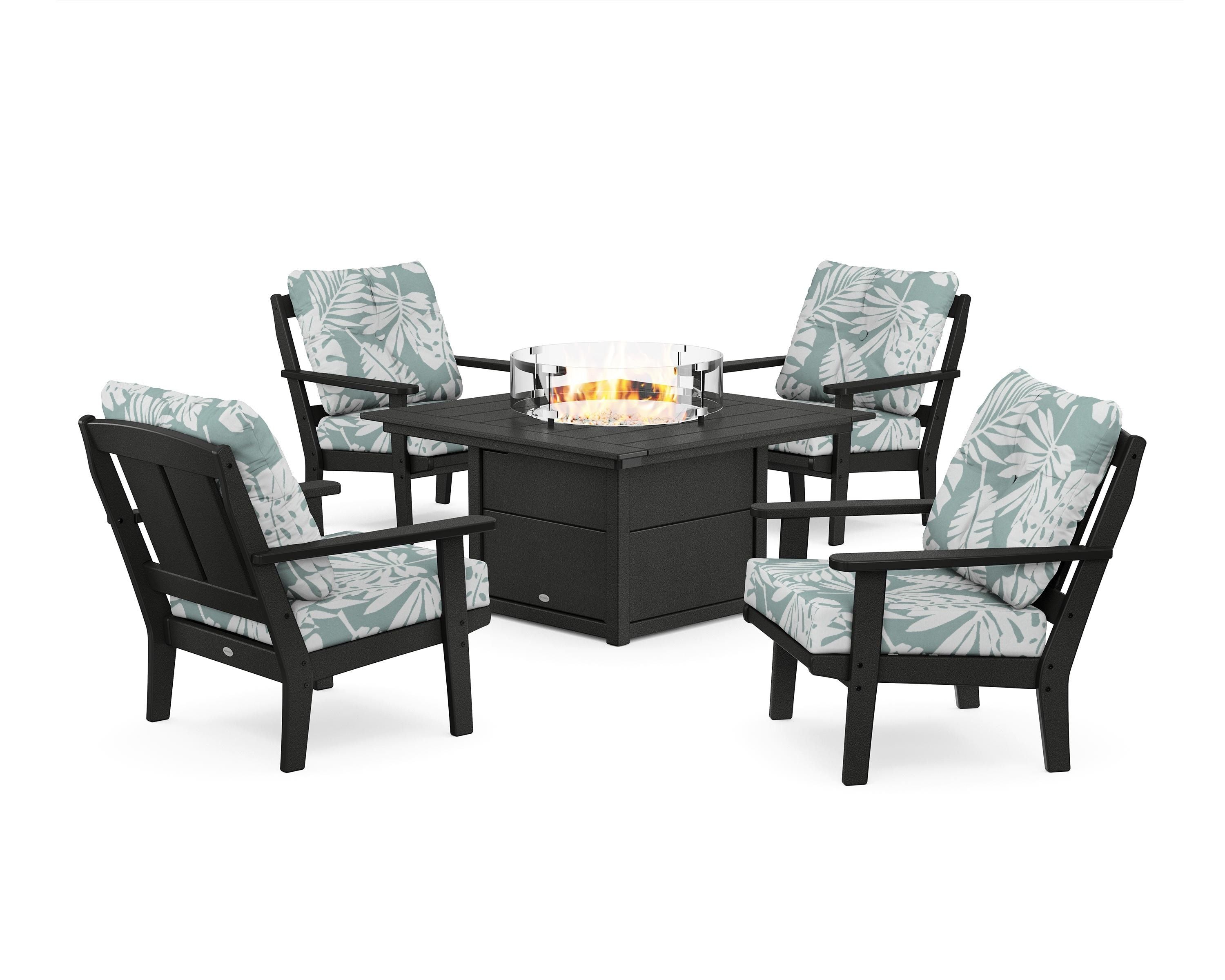 POLYWOOD Mission 5-Piece Deep Seating Set with Fire Pit Table in Black / Leaf Glacier Spa
