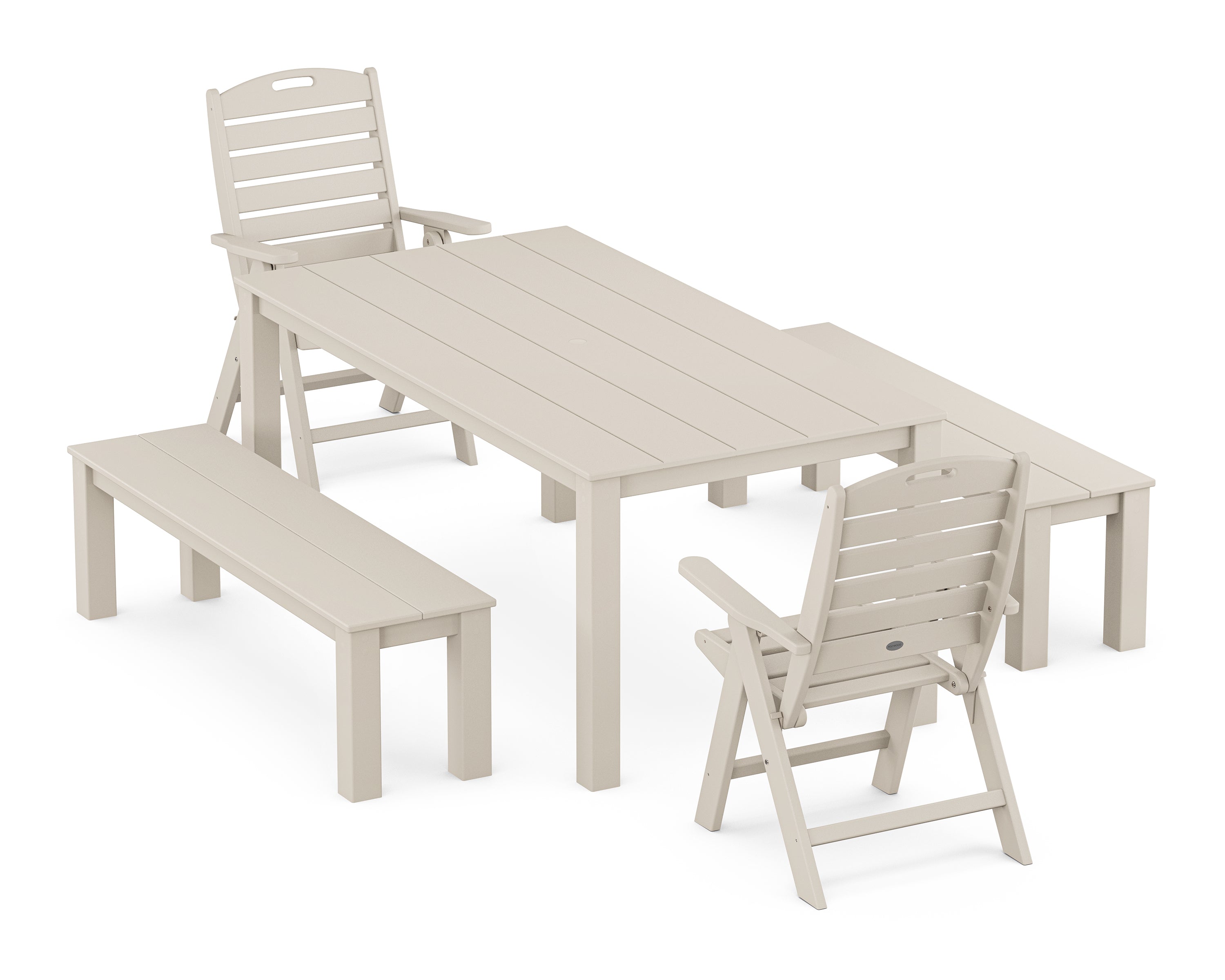 POLYWOOD Nautical Folding Highback Chair 5-Piece Parsons Dining Set with Benches in Sand