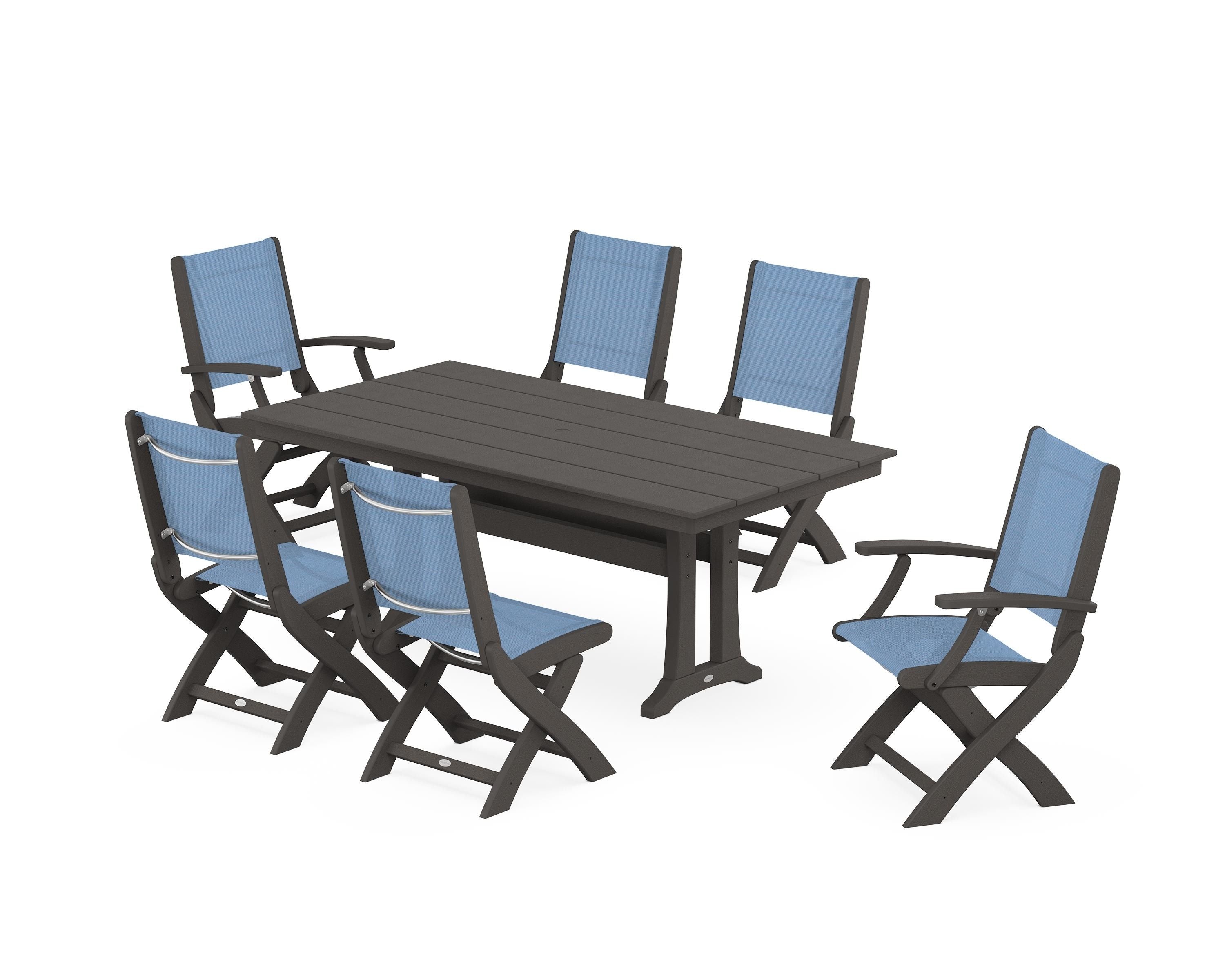 POLYWOOD Coastal Folding Chair 7-Piece Farmhouse Dining Set with Trestle Legs in Vintage Coffee / Poolside Sling