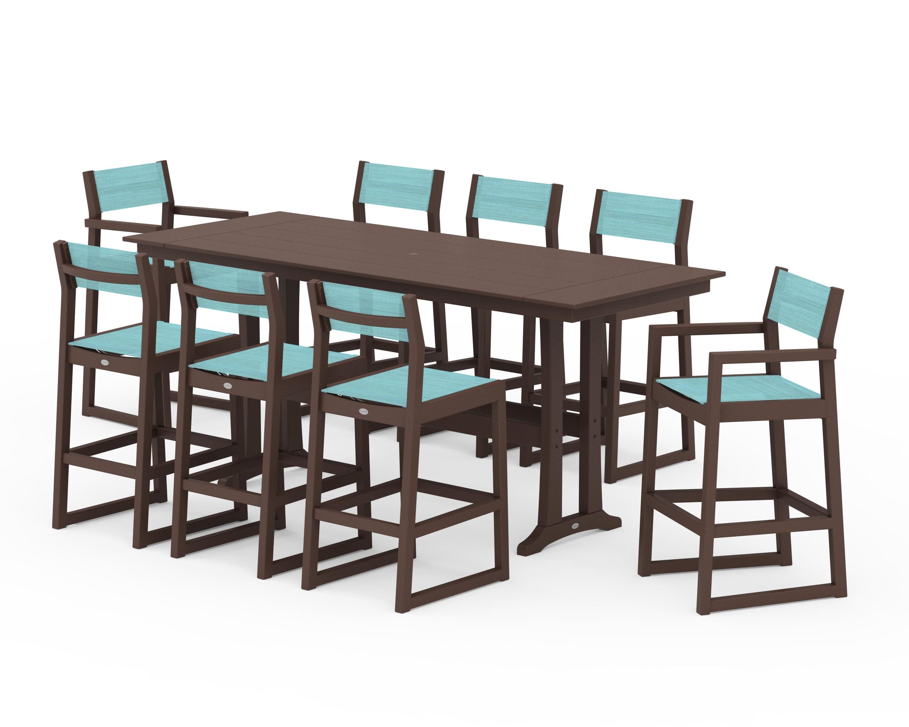 POLYWOOD EDGE Sling 9-Piece Farmhouse Bar Set with Trestle Legs in Mahogany / Dupioni Aquamarine Sling