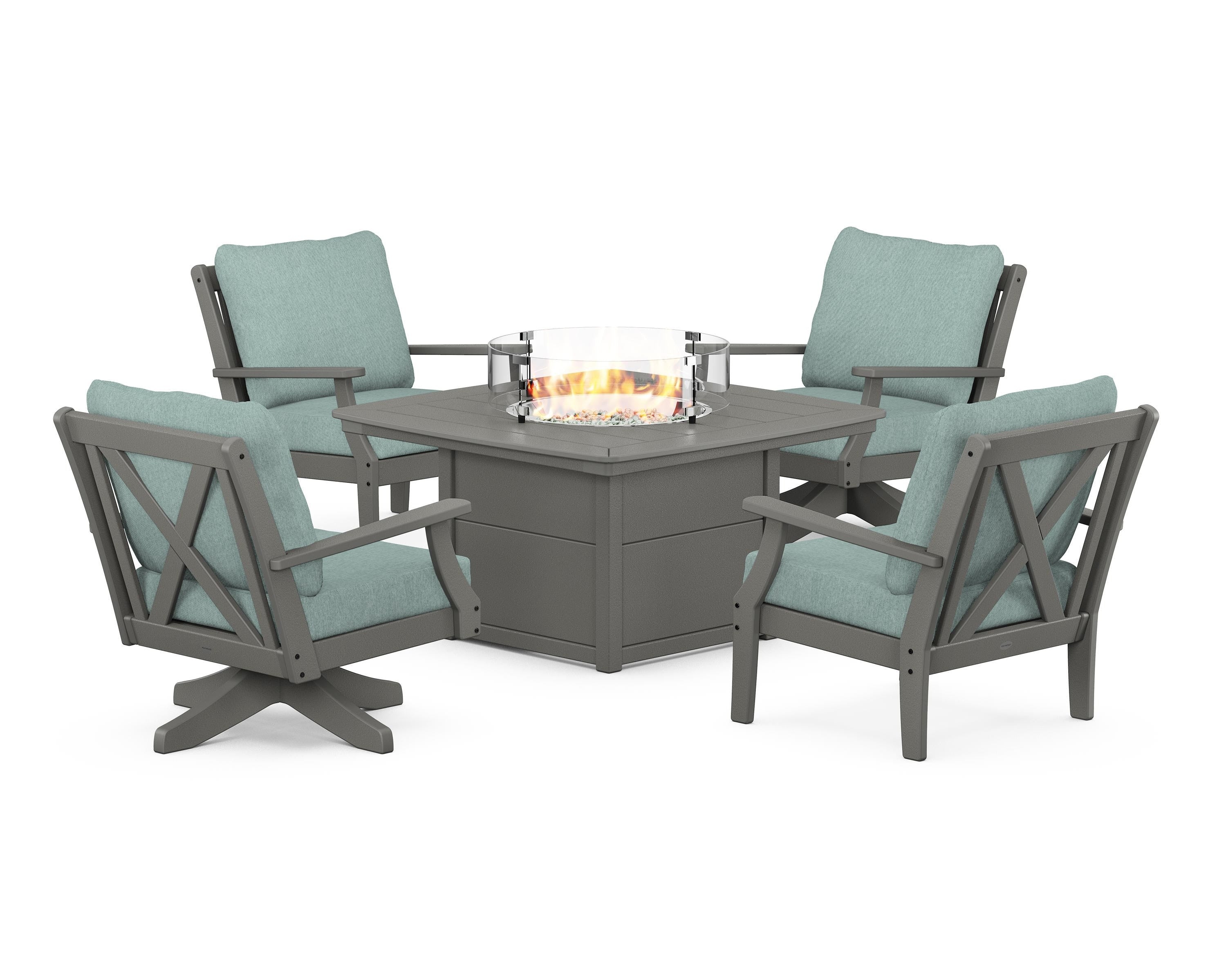 POLYWOOD Braxton 5-Piece Deep Seating Set with Fire Table in Slate Grey / Glacier Spa
