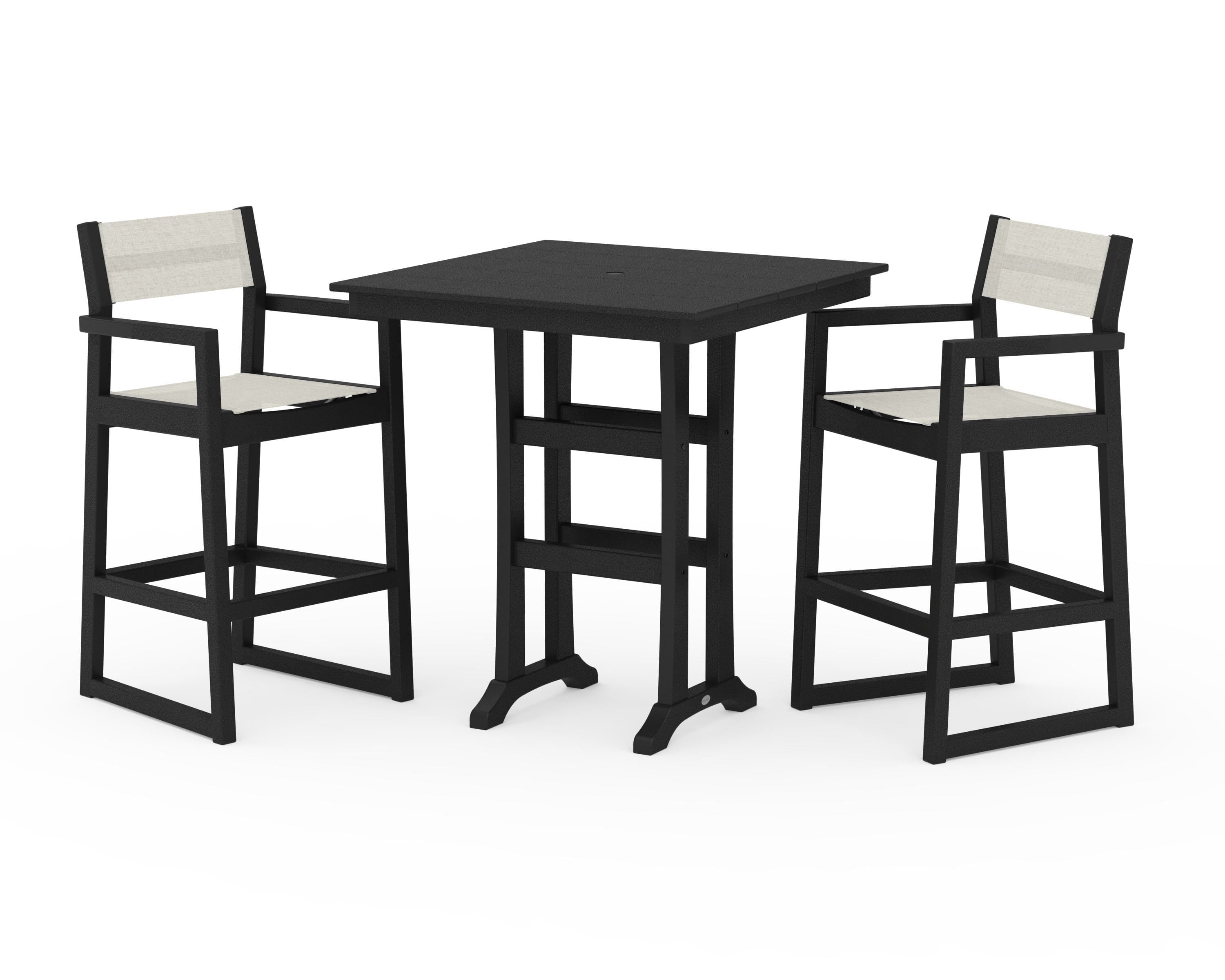 POLYWOOD EDGE Sling Arm Chair 3-Piece Farmhouse Bar Set with Trestle Legs in Black / Parchment Sling