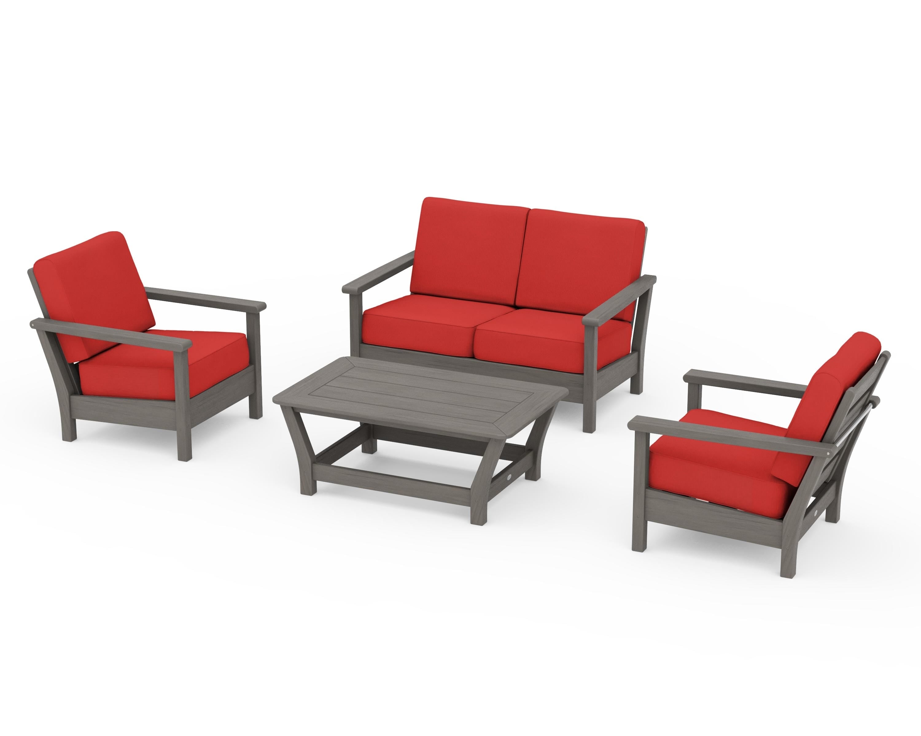 POLYWOOD Harbour 4-Piece Deep Seating Set in Driftwood / Crimson Linen