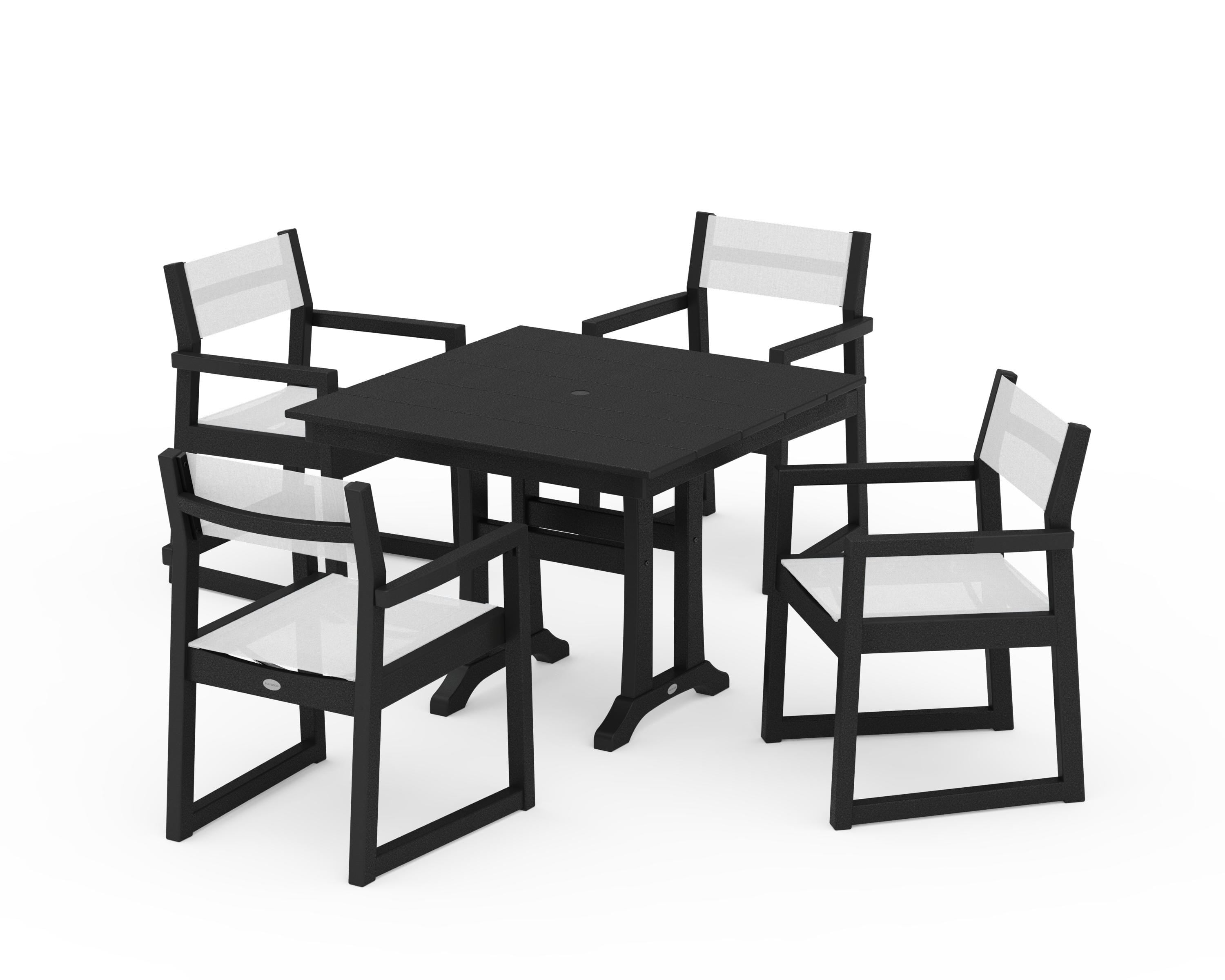POLYWOOD EDGE Sling 5-Piece Farmhouse Dining Set with Trestle Legs in Black / White Sling