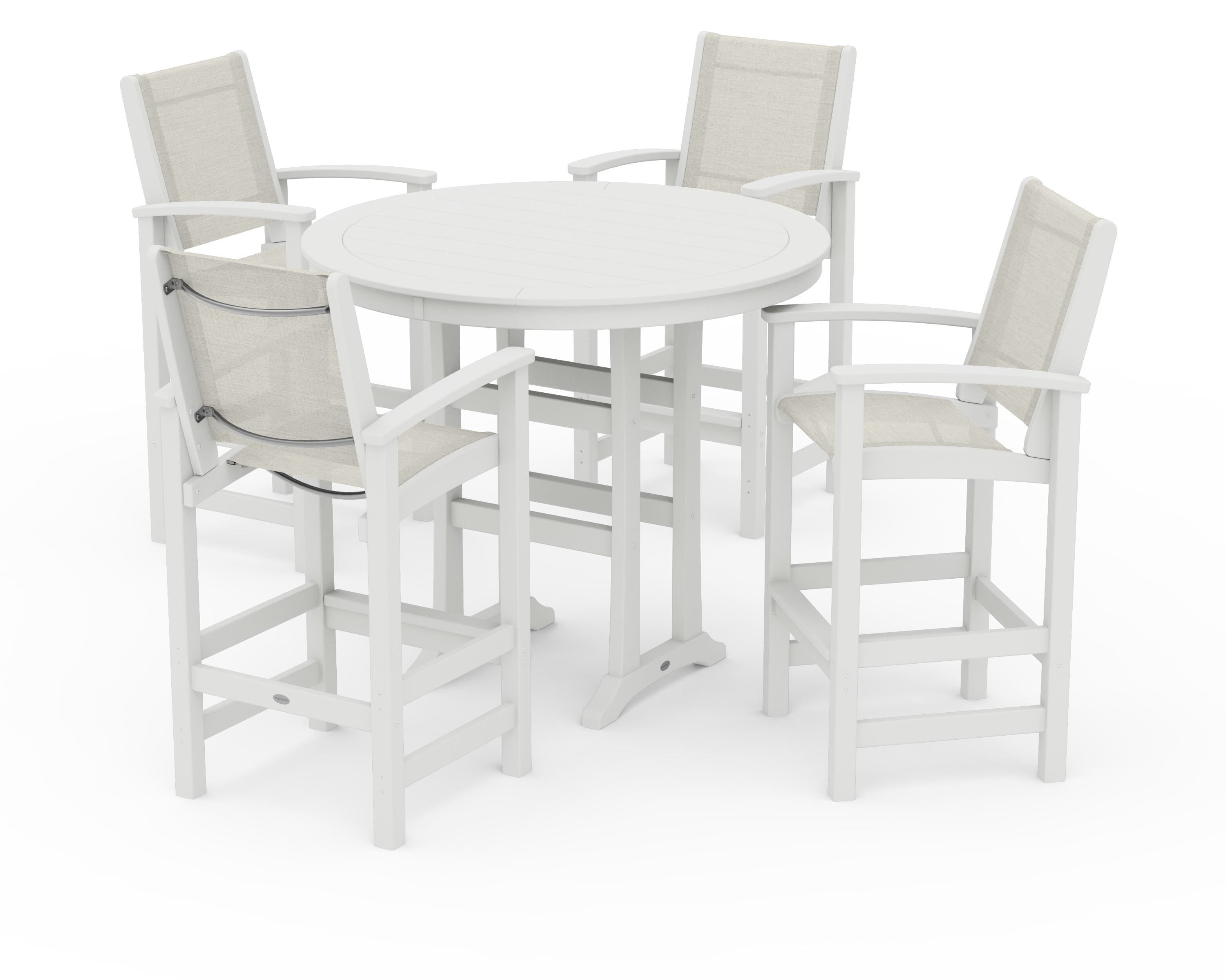 POLYWOOD Coastal 5-Piece Nautical Trestle Bar Set in Vintage White / Parchment Sling