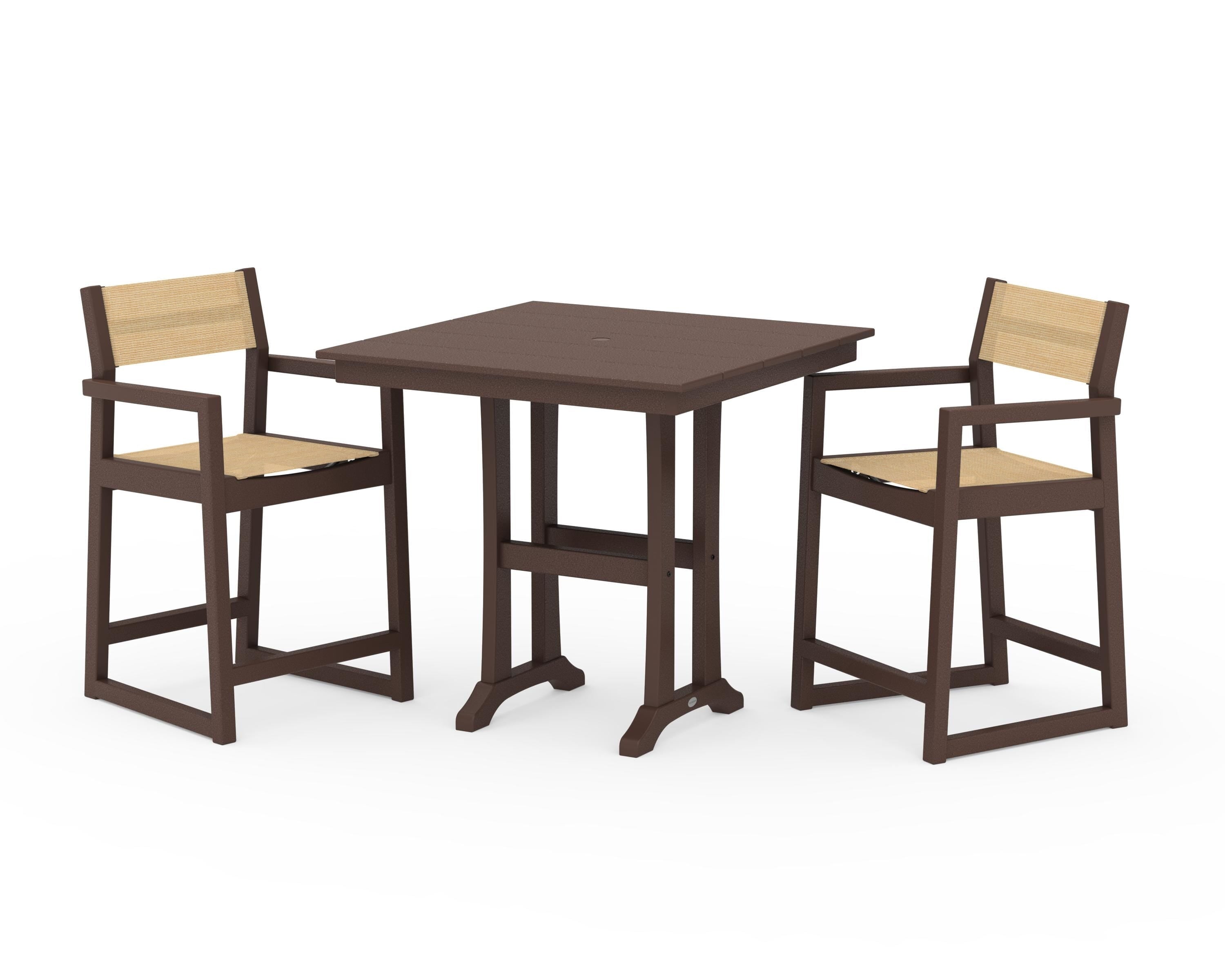 POLYWOOD EDGE Sling Arm Chair 3-Piece Farmhouse Counter Set with Trestle Legs in Mahogany / Dupioni Apricot Sling