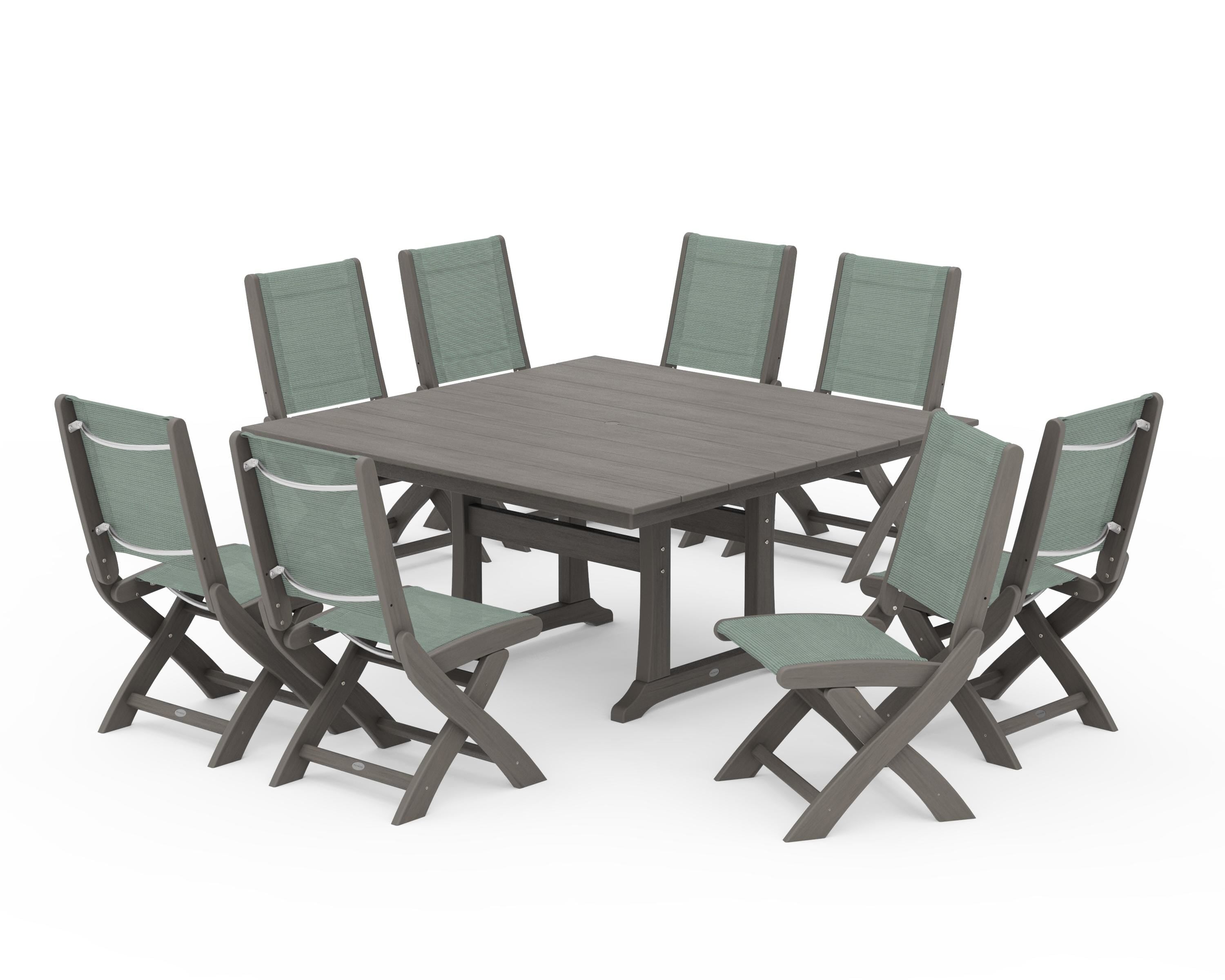 POLYWOOD Coastal Folding Side Chair 9-Piece Farmhouse Dining Set in Driftwood / Dupioni Sea Mist Sling