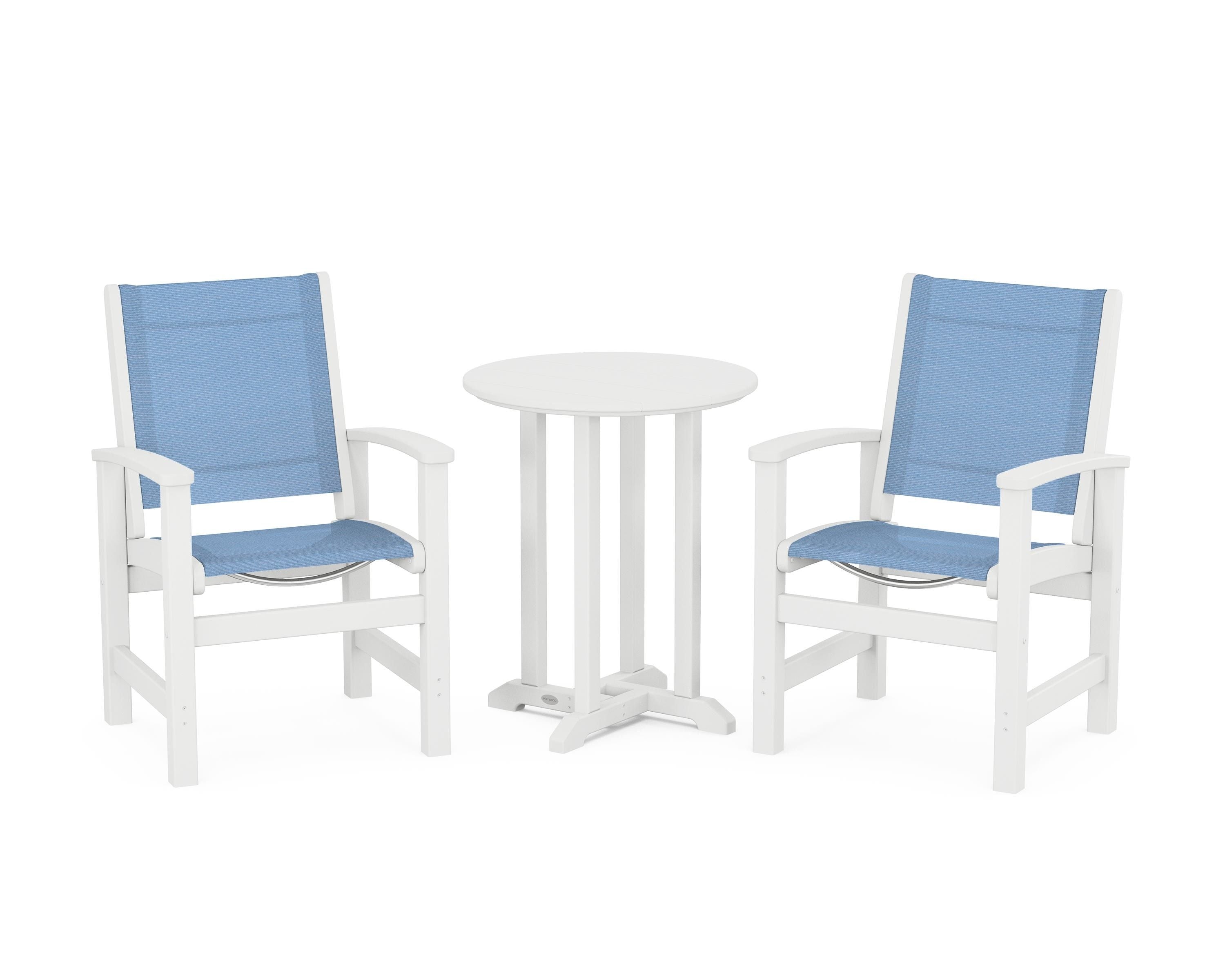POLYWOOD Coastal 3-Piece Round Bistro Dining Set in White / Poolside Sling