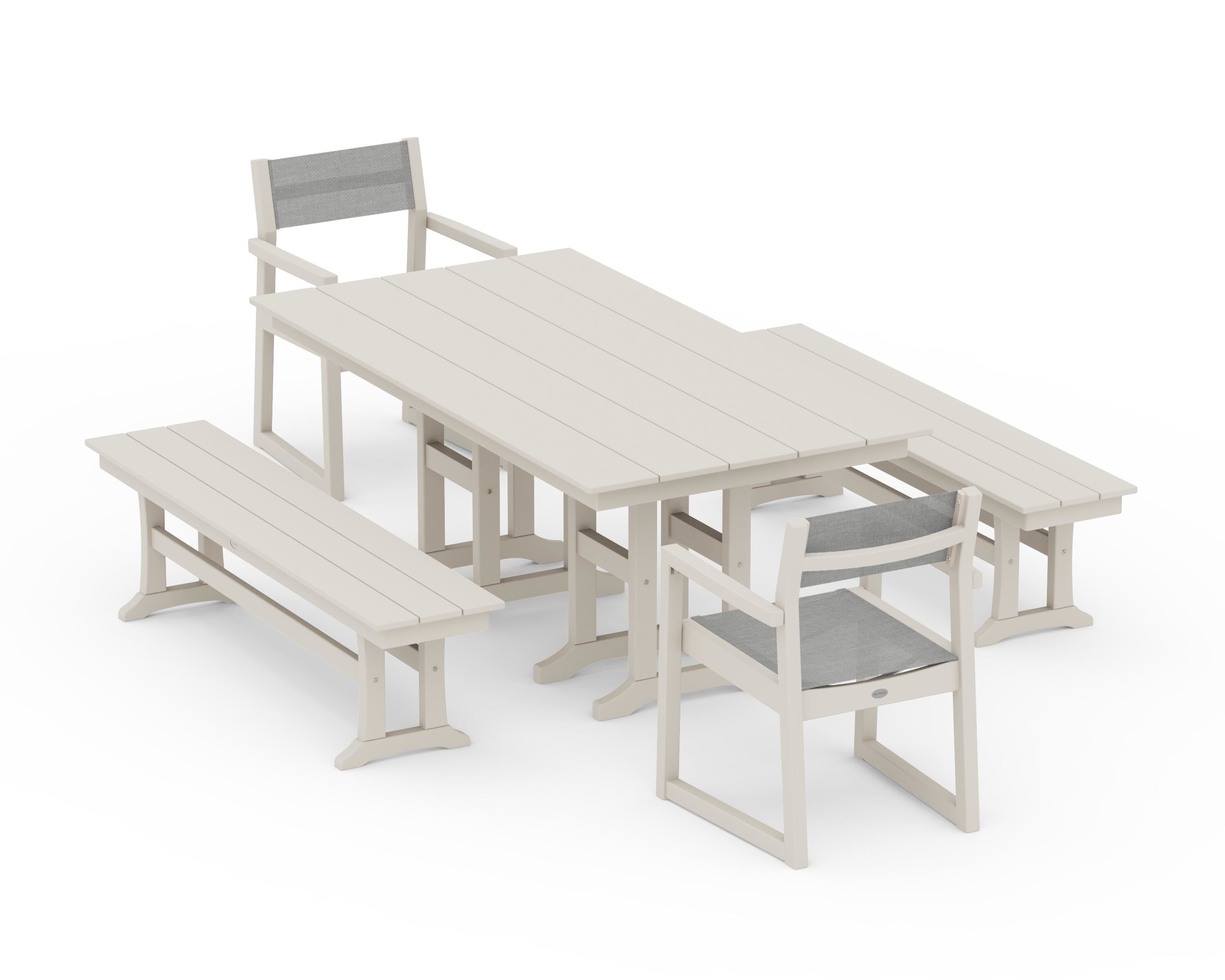 POLYWOOD EDGE Sling Arm Chair 5-Piece Farmhouse Dining Set with Benches in Sand / Metallic Sling