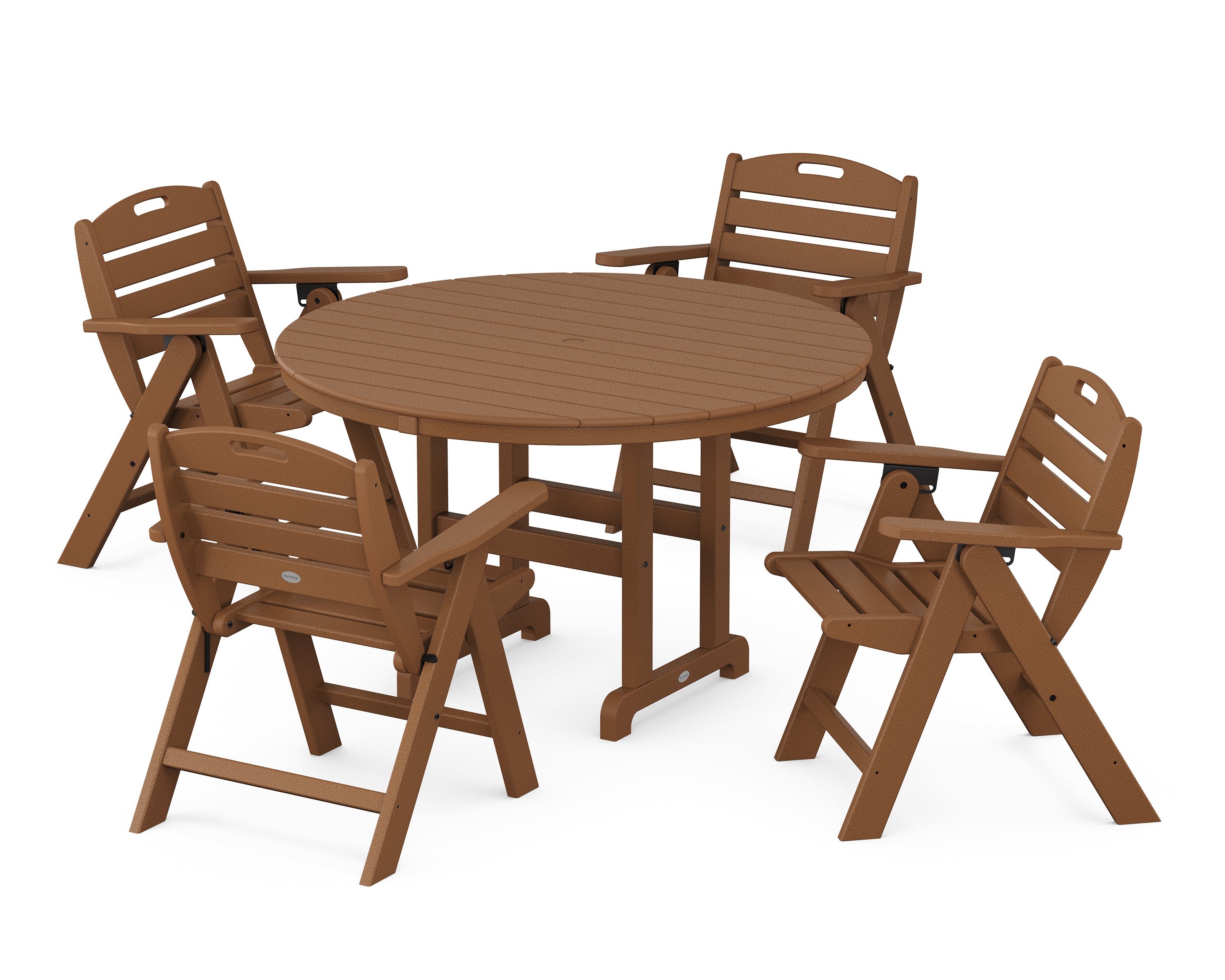 POLYWOOD® Nautical Folding Lowback Chair 5-Piece Round Farmhouse Dining Set in Teak