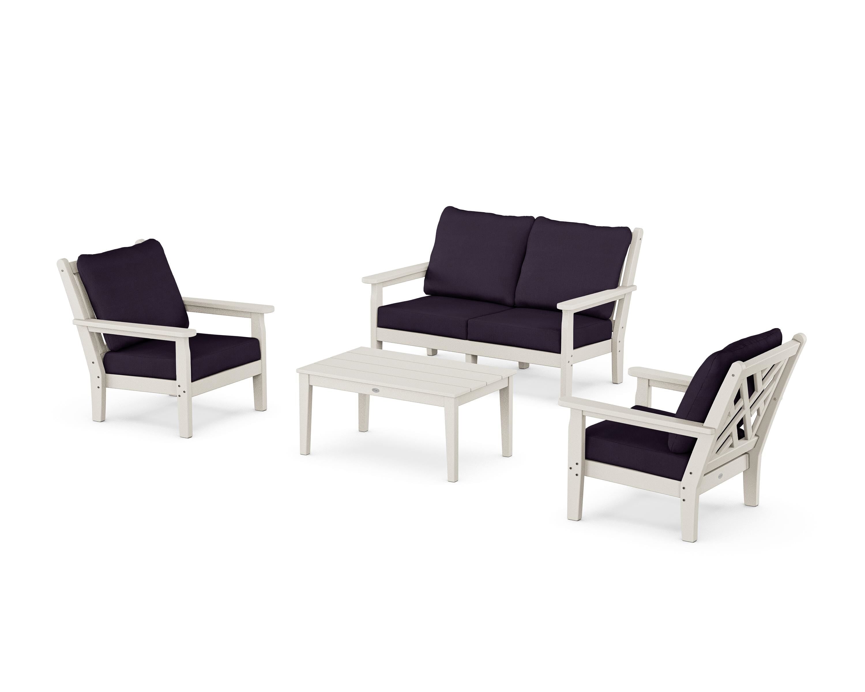 POLYWOOD Chippendale 4-Piece Deep Seating Set with Loveseat in Sand / Navy Linen