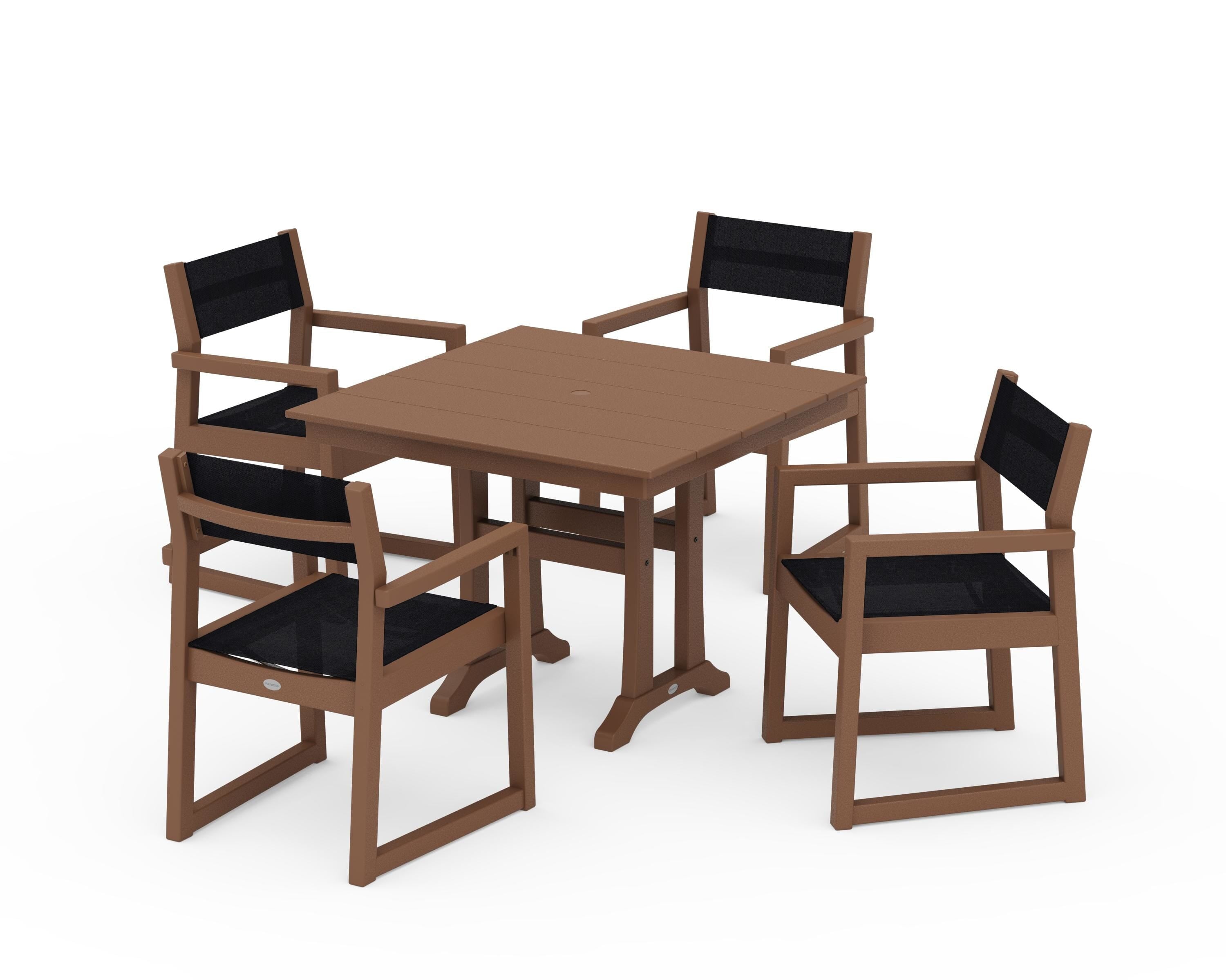 POLYWOOD EDGE Sling 5-Piece Farmhouse Dining Set with Trestle Legs in Teak / Black Sling