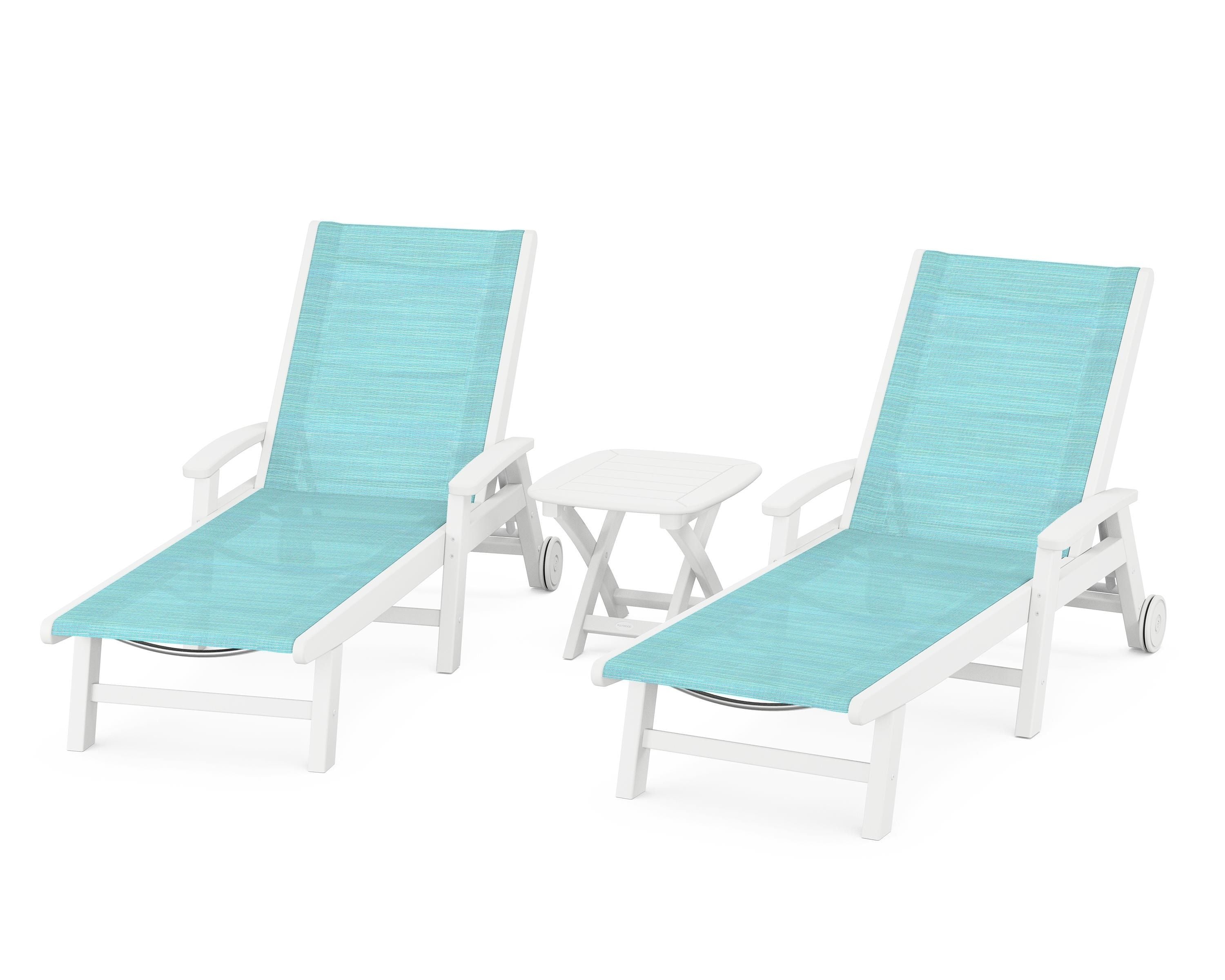 POLYWOOD Coastal 3-Piece Wheeled Chaise Set in White / Dupioni Aquamarine Sling