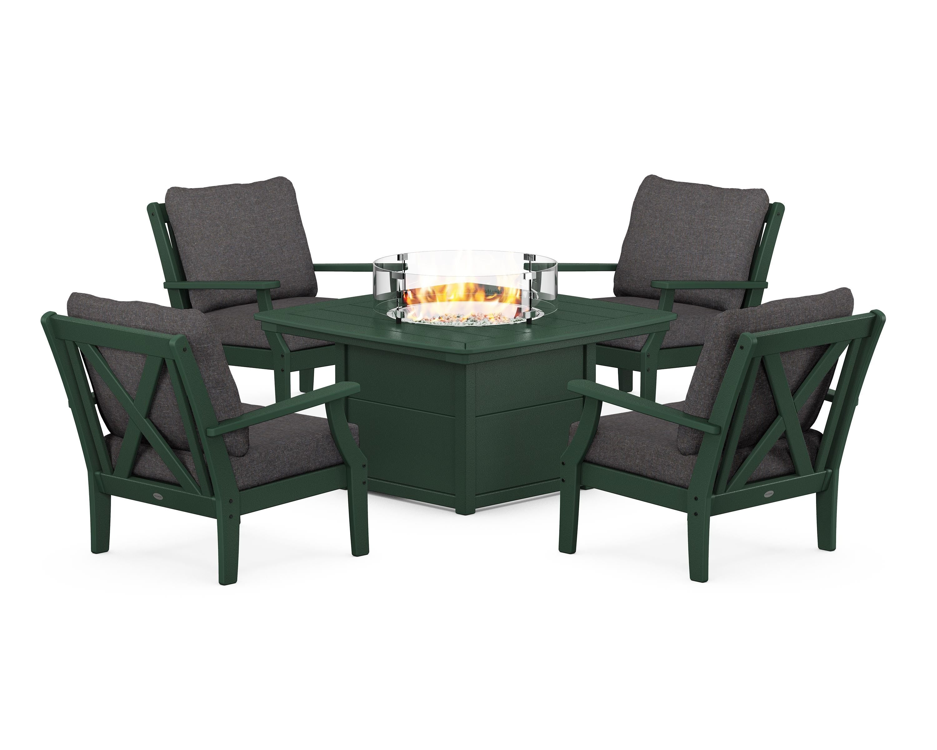POLYWOOD Braxton 5-Piece Deep Seating Conversation Set with Fire Pit Table in Green / Ash Charcoal