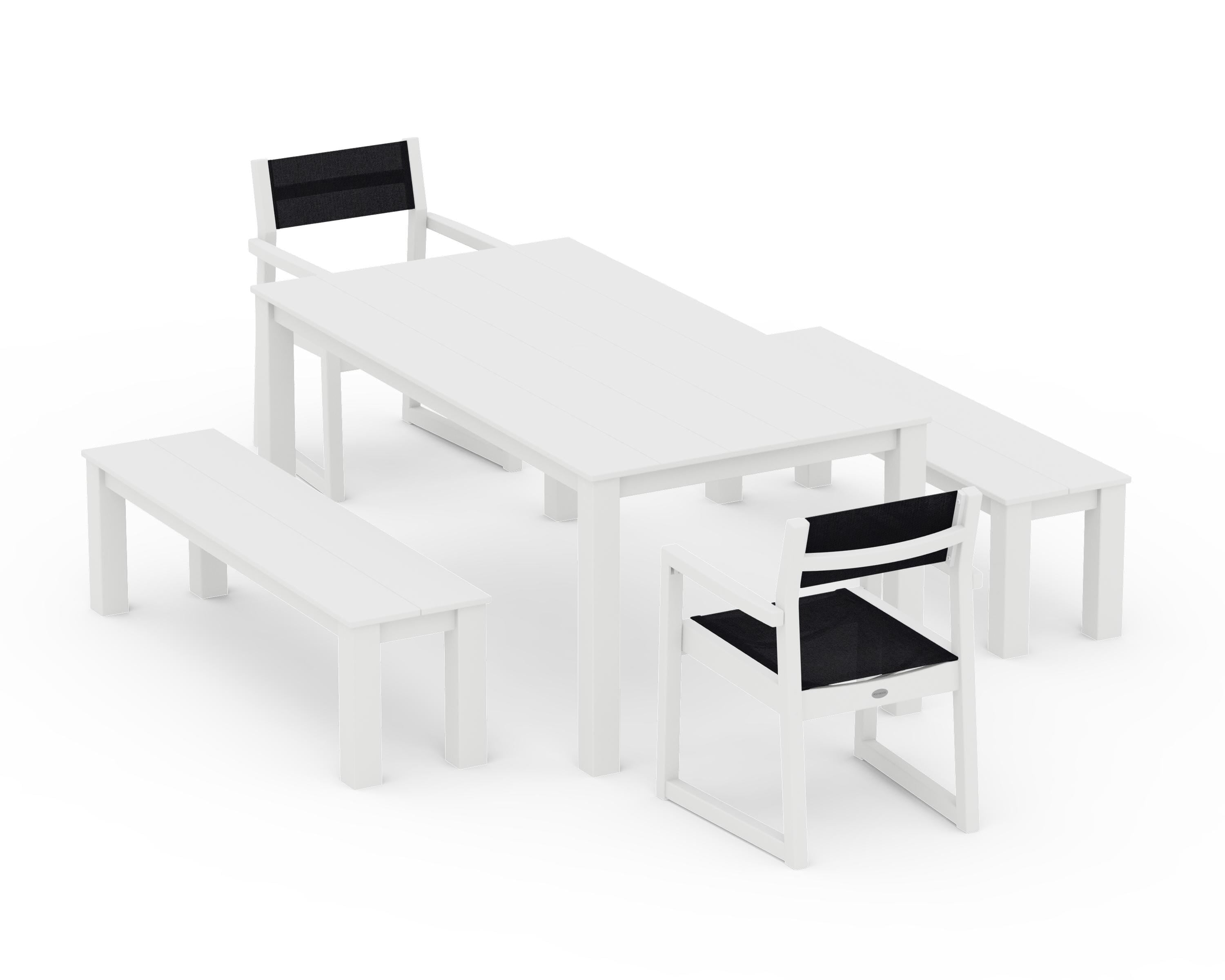 POLYWOOD EDGE Sling Arm Chair 5-Piece Parsons Dining Set with Benches in White / Black Sling