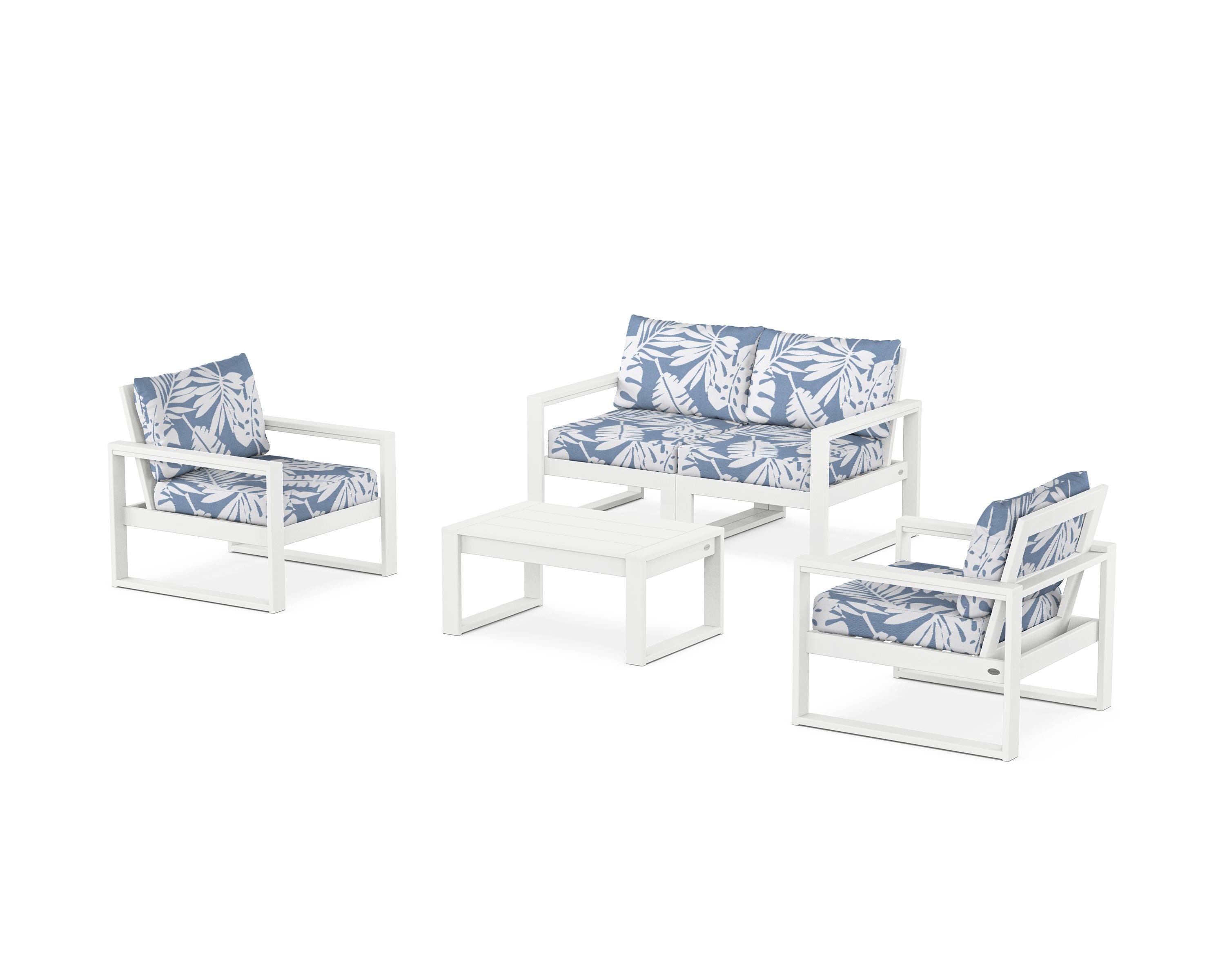 POLYWOOD EDGE Sectional 4-Piece Deep Seating Set with Loveseat in White / Leaf Sky Blue