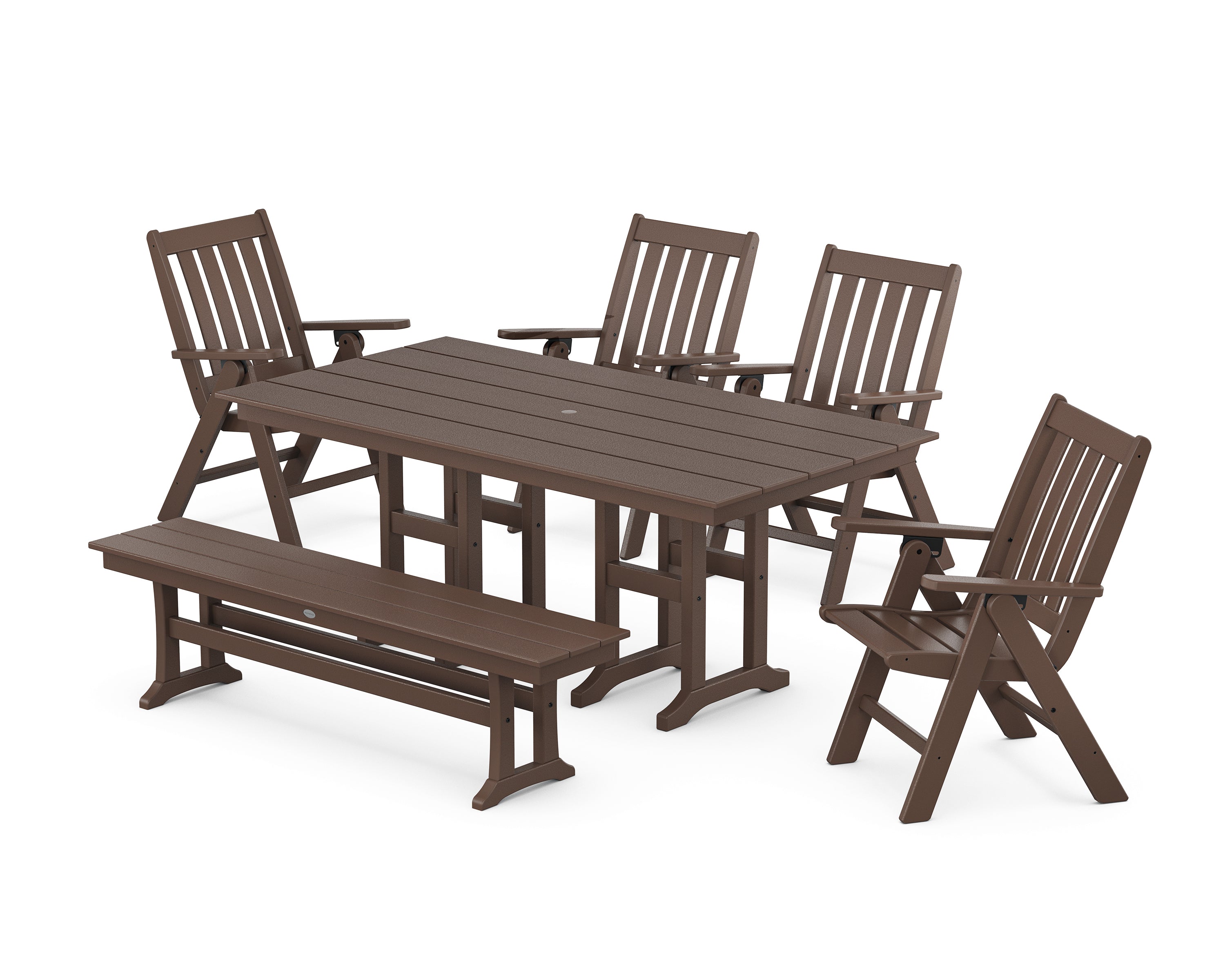POLYWOOD Vineyard Folding Chair 6-Piece Farmhouse Dining Set with Bench in Mahogany
