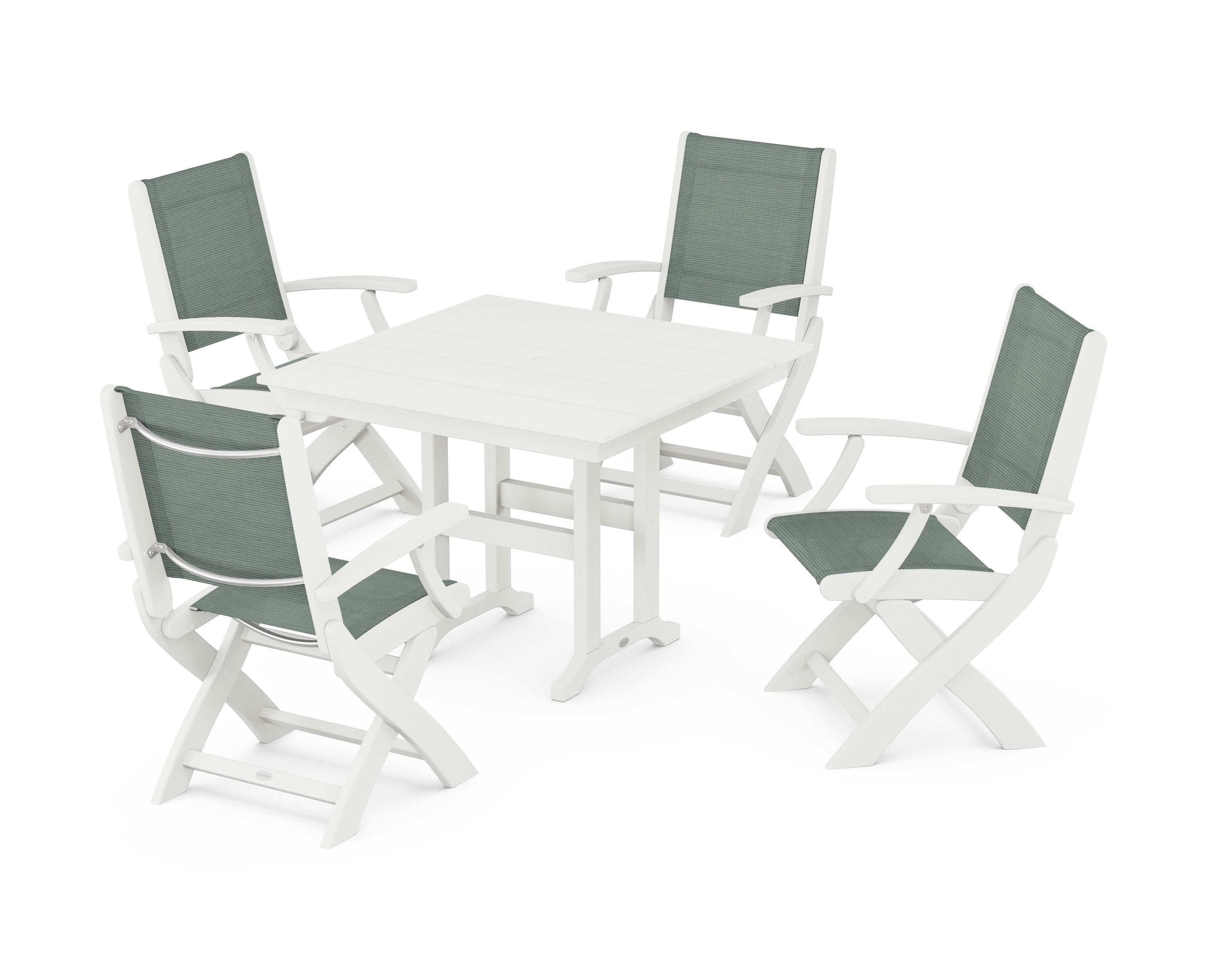 POLYWOOD Coastal Folding Chair 5-Piece Farmhouse Dining Set in Vintage White / Dupioni Sea Mist Sling