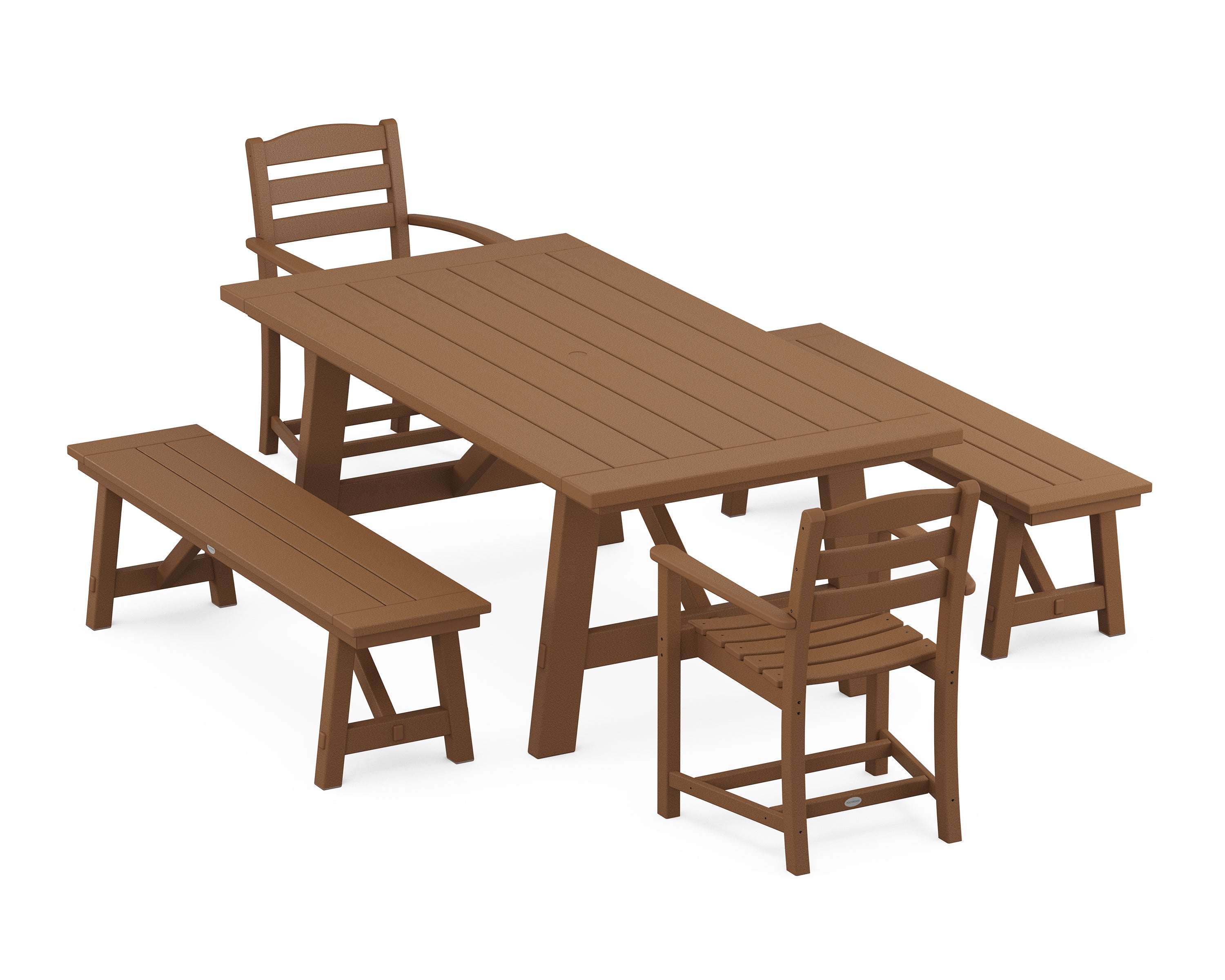 POLYWOOD La Casa Café 5-Piece Rustic Farmhouse Dining Set With Benches in Teak