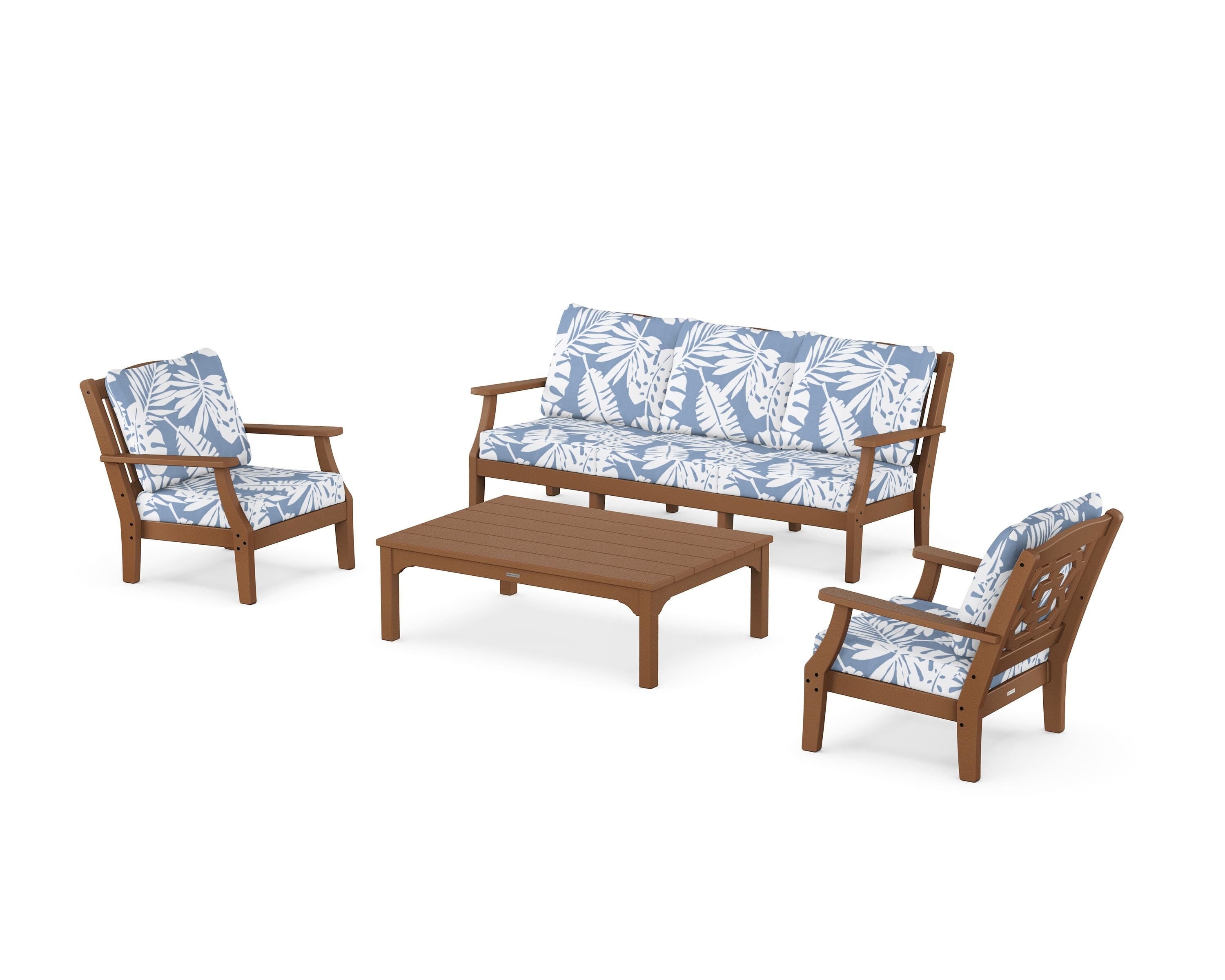 Martha Stewart by POLYWOOD Chinoiserie 4-Piece Deep Seating Set with Sofa in Teak / Leaf Sky Blue