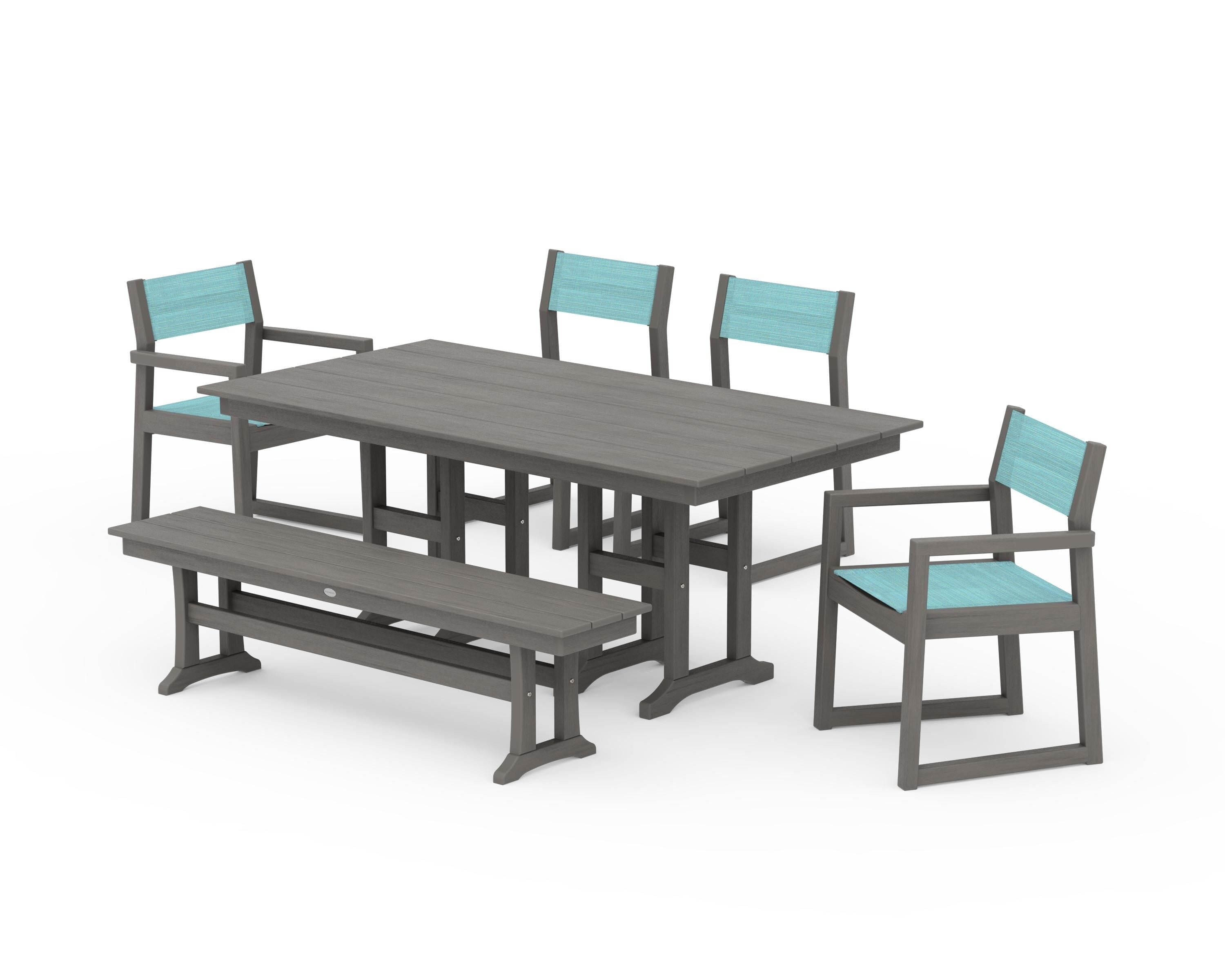 POLYWOOD EDGE Sling 6-Piece Farmhouse Dining Set in Driftwood / Dupioni Aquamarine Sling