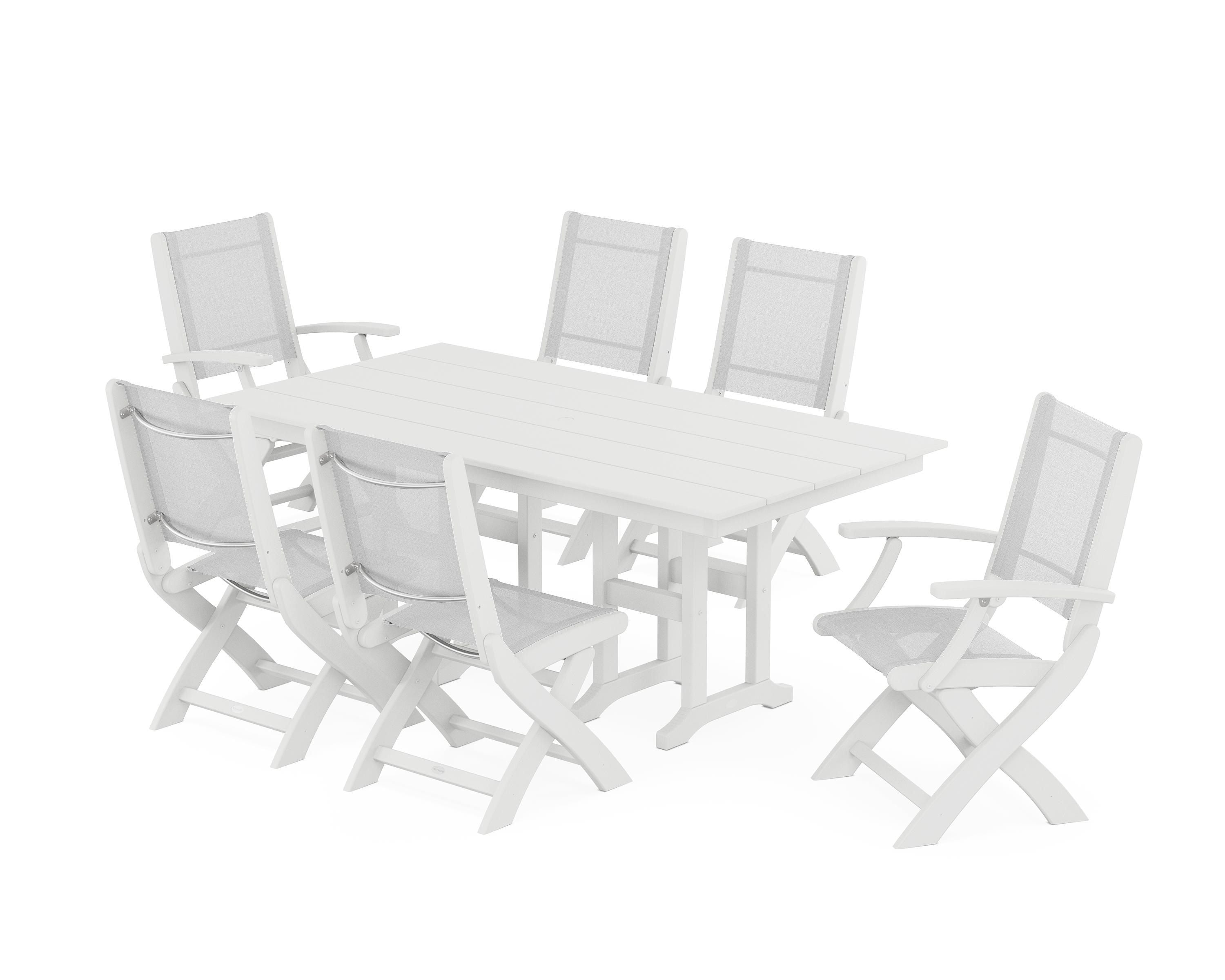 POLYWOOD Coastal Folding Chair 7-Piece Farmhouse Dining Set in White / White Sling