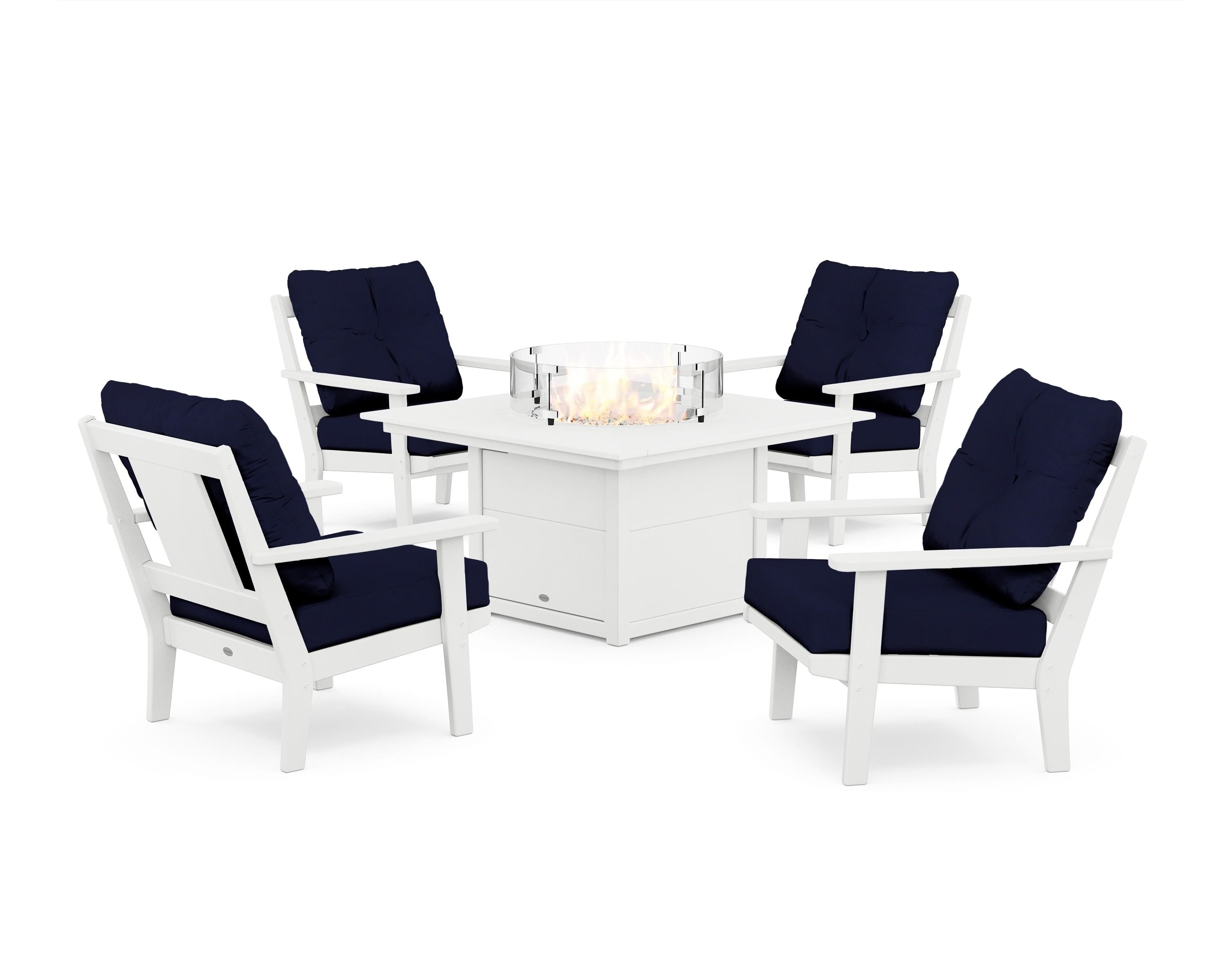 POLYWOOD Prairie 5-Piece Deep Seating Set with Fire Pit Table in White / Navy