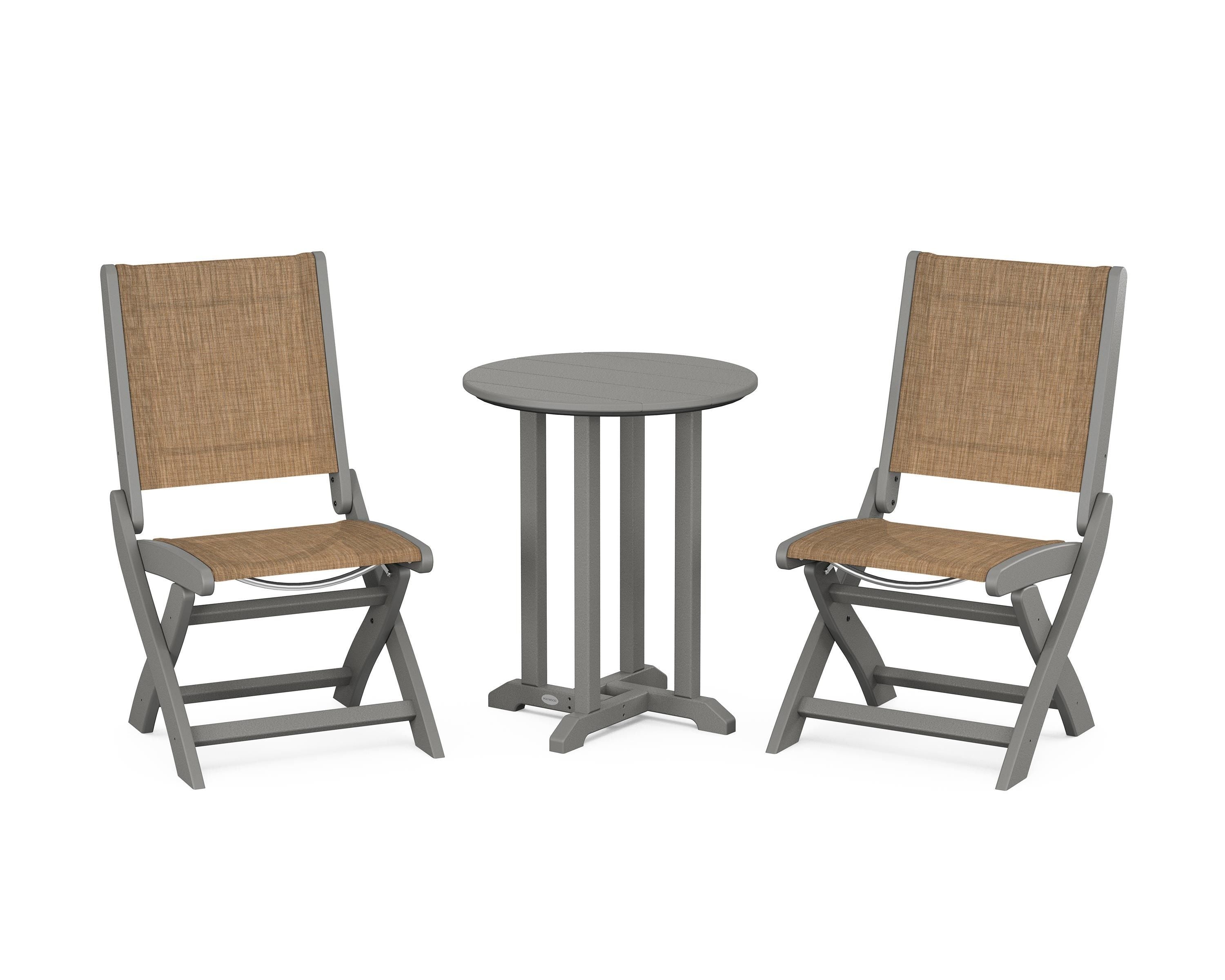 POLYWOOD Coastal Folding Side Chair 3-Piece Round Bistro Dining Set in Slate Grey / Burlap Sling