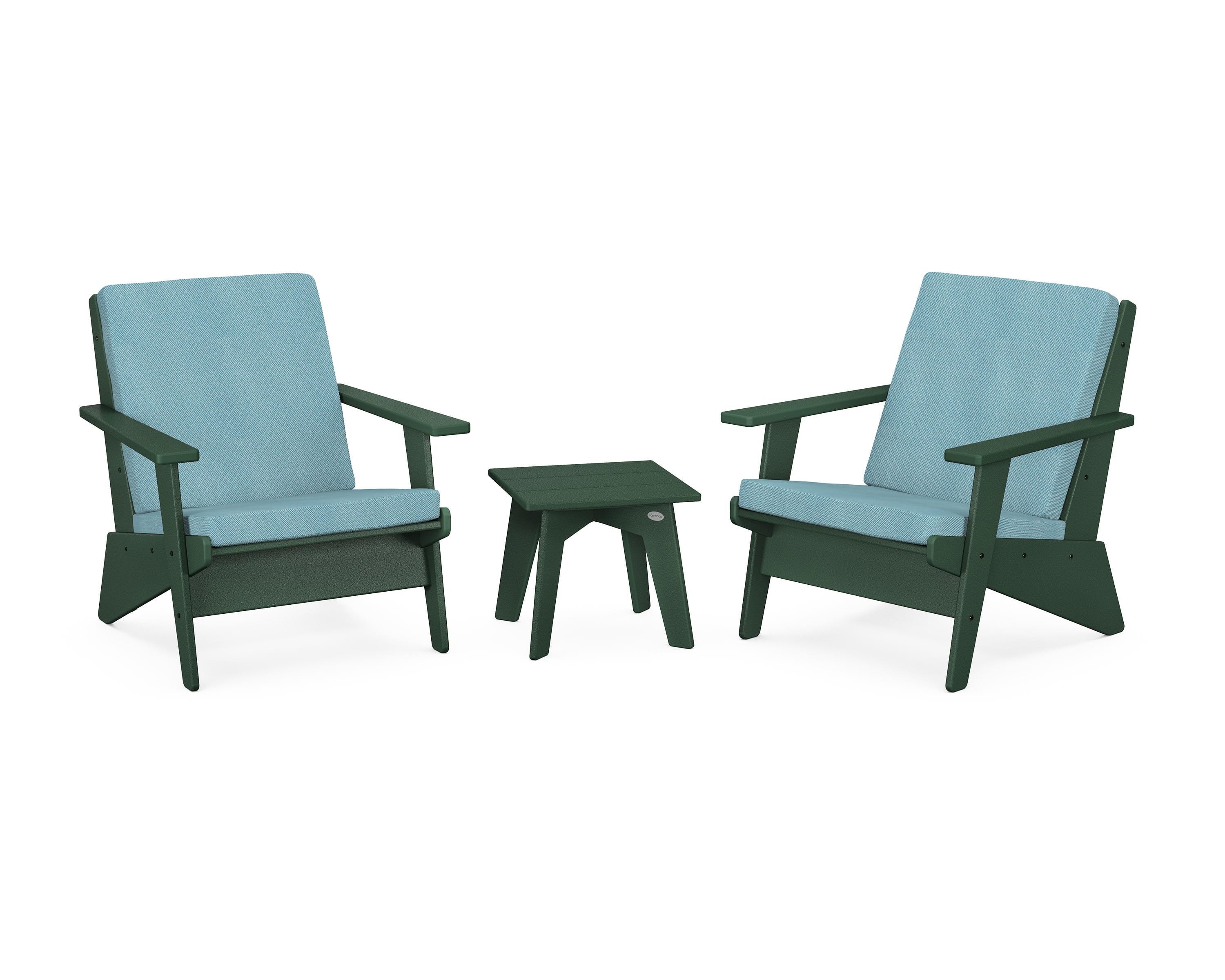 POLYWOOD Riviera Modern Lounge 3-Piece Set in Green / Lattice Sky Blue