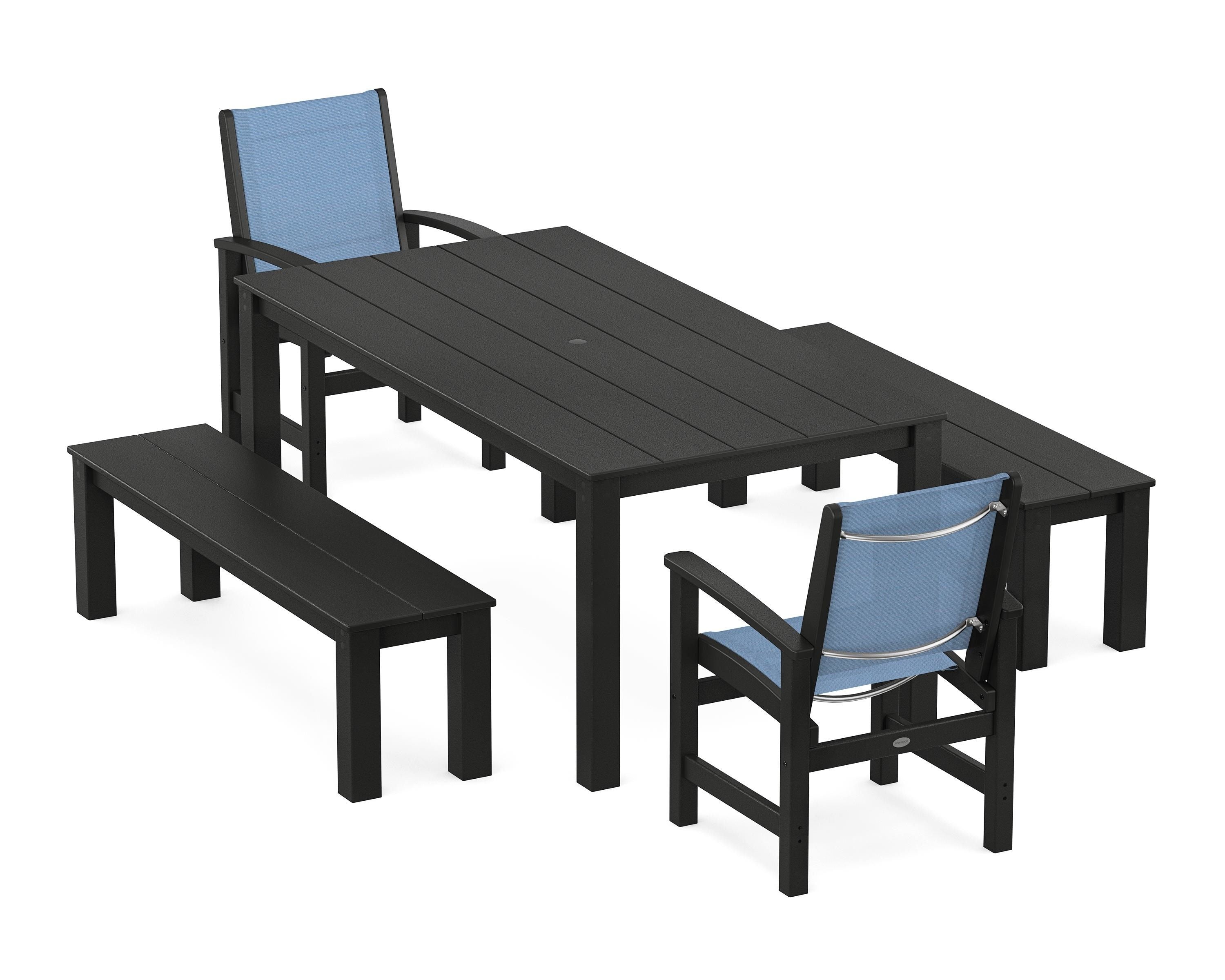POLYWOOD Coastal 5-Piece Parsons Dining Set with Benches in Black / Poolside Sling