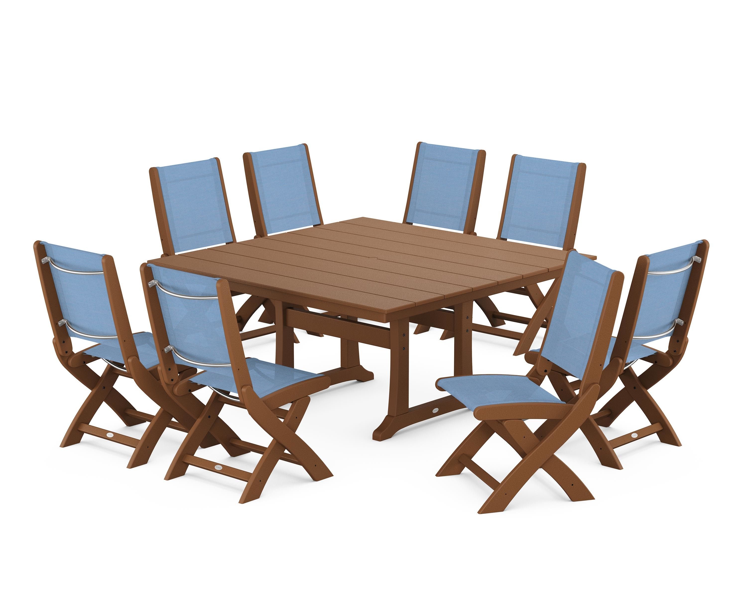POLYWOOD Coastal Folding Side Chair 9-Piece Farmhouse Dining Set in Teak / Poolside Sling