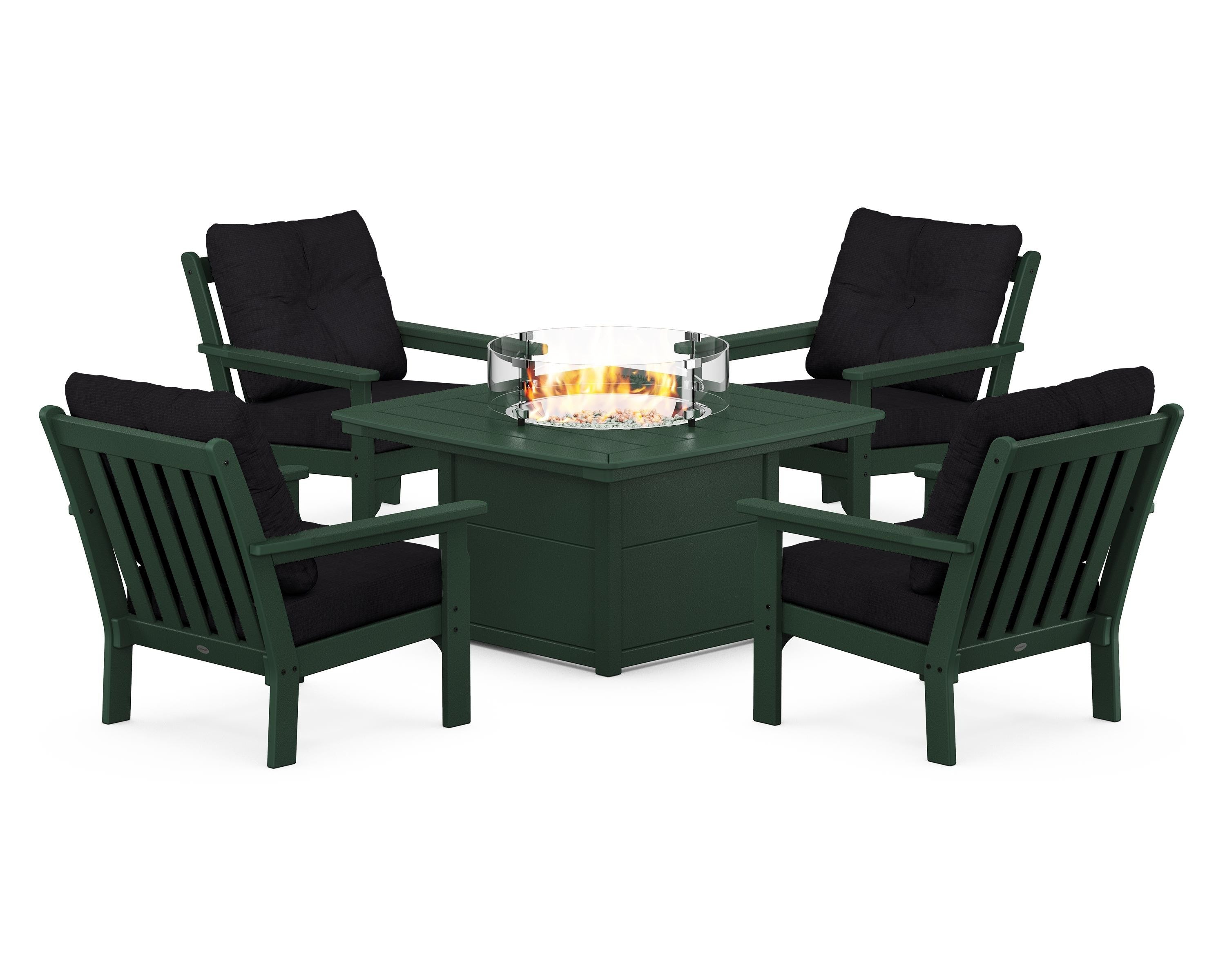 POLYWOOD Vineyard 5-Piece Conversation Set with Fire Pit Table in Green / Midnight Linen