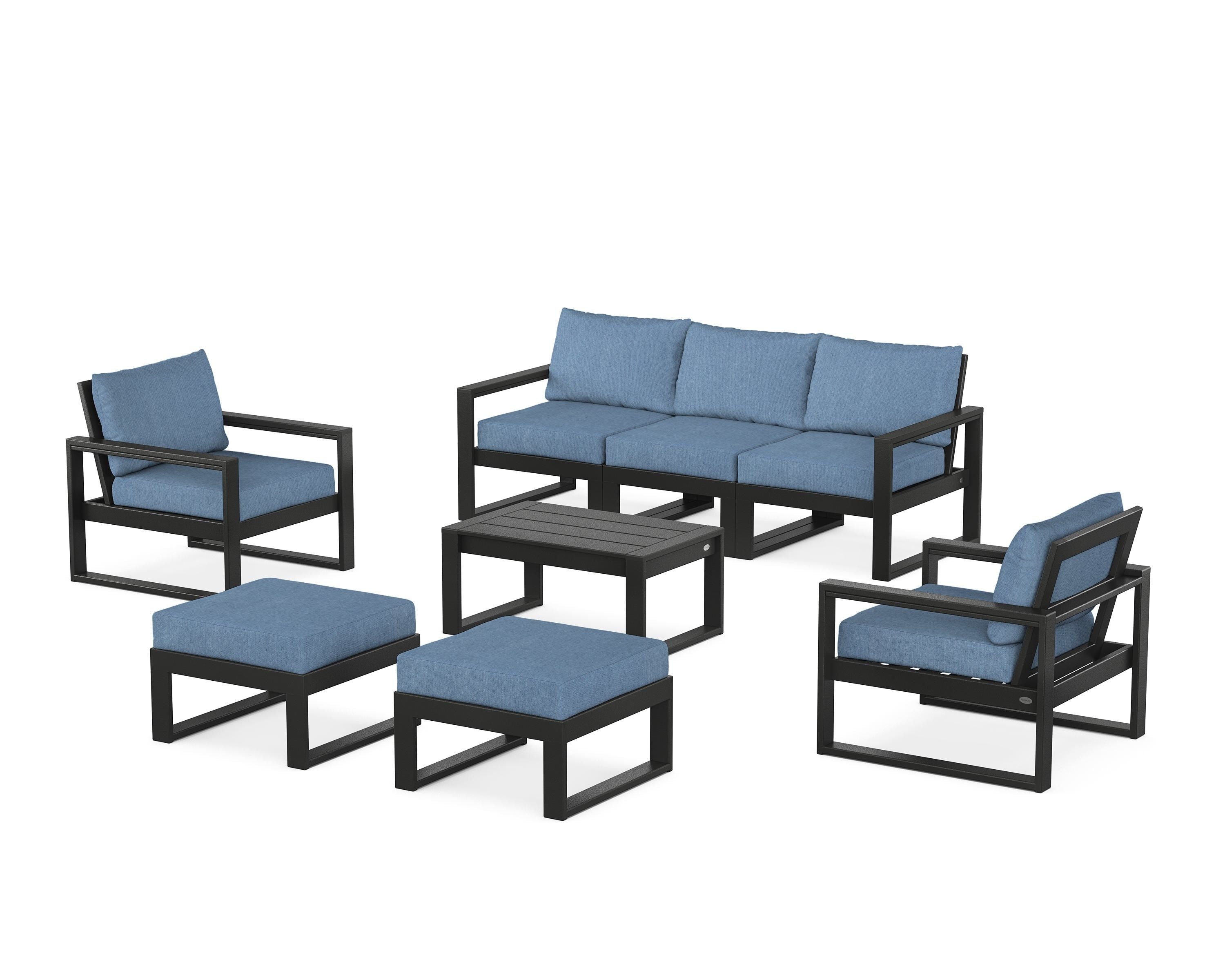 POLYWOOD EDGE Sectional 8-Piece Lounge Sofa Set in Black / Sky Blue