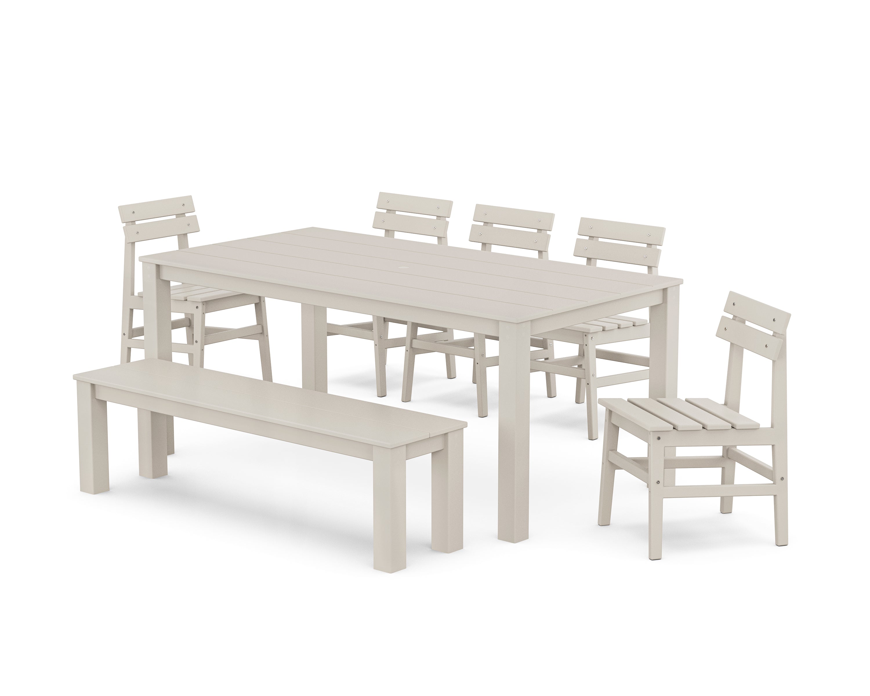 POLYWOOD Modern Studio Plaza Chair 7-Piece Parsons Dining Set with Bench in Sand
