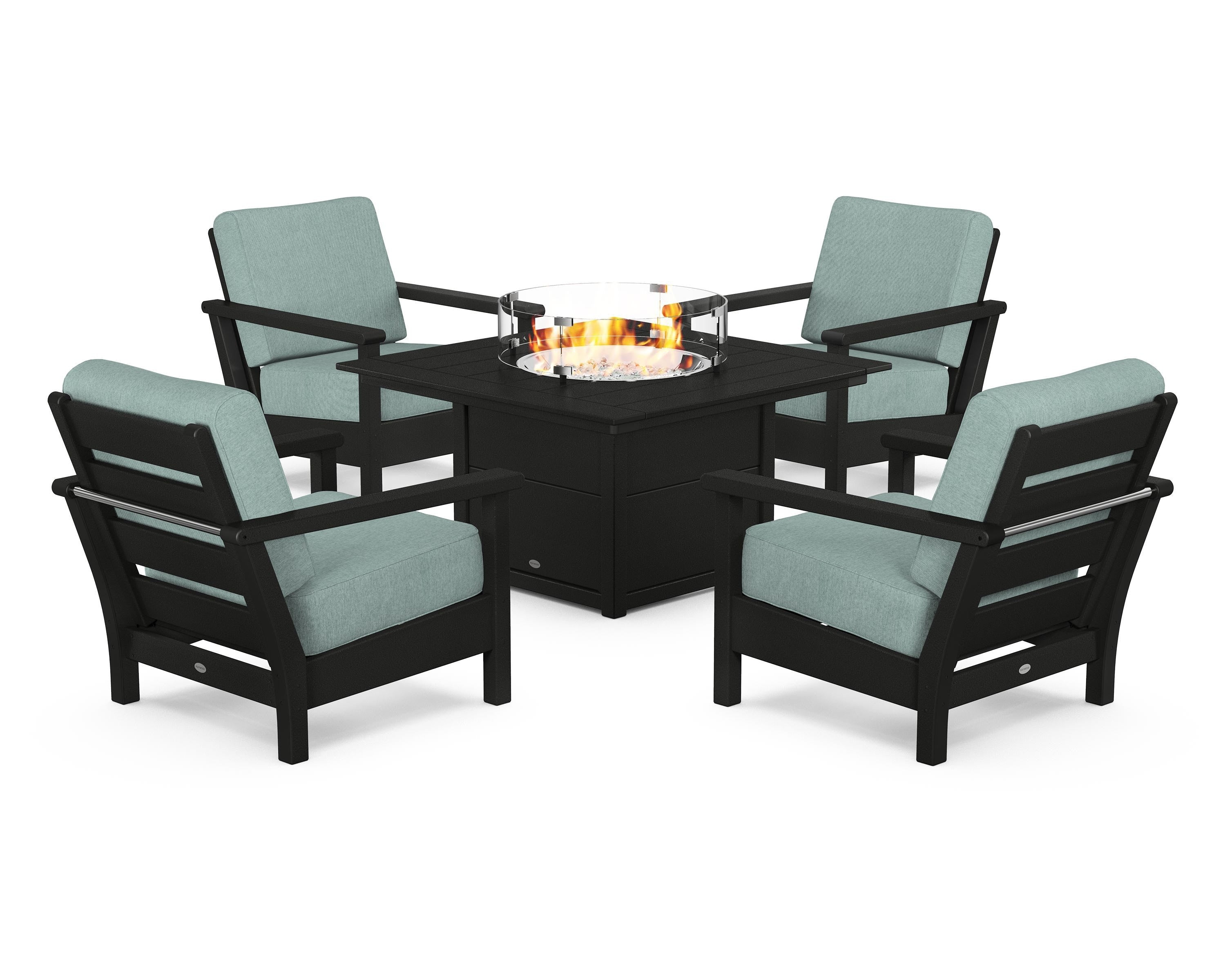 POLYWOOD Harbour 5-Piece Conversation Set with Fire Pit Table in Black / Glacier Spa