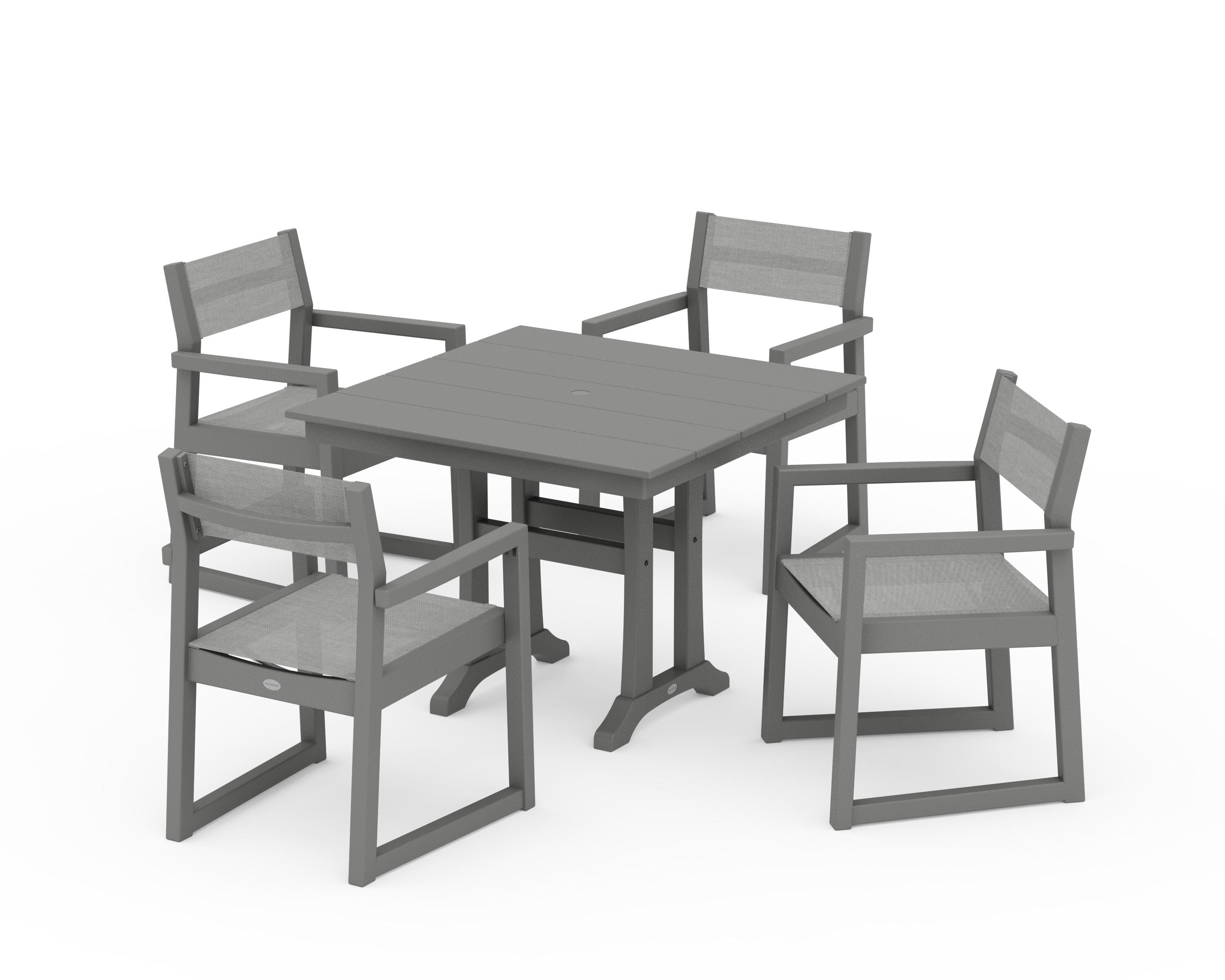 POLYWOOD EDGE Sling 5-Piece Farmhouse Dining Set with Trestle Legs in Slate Grey / Metallic Sling