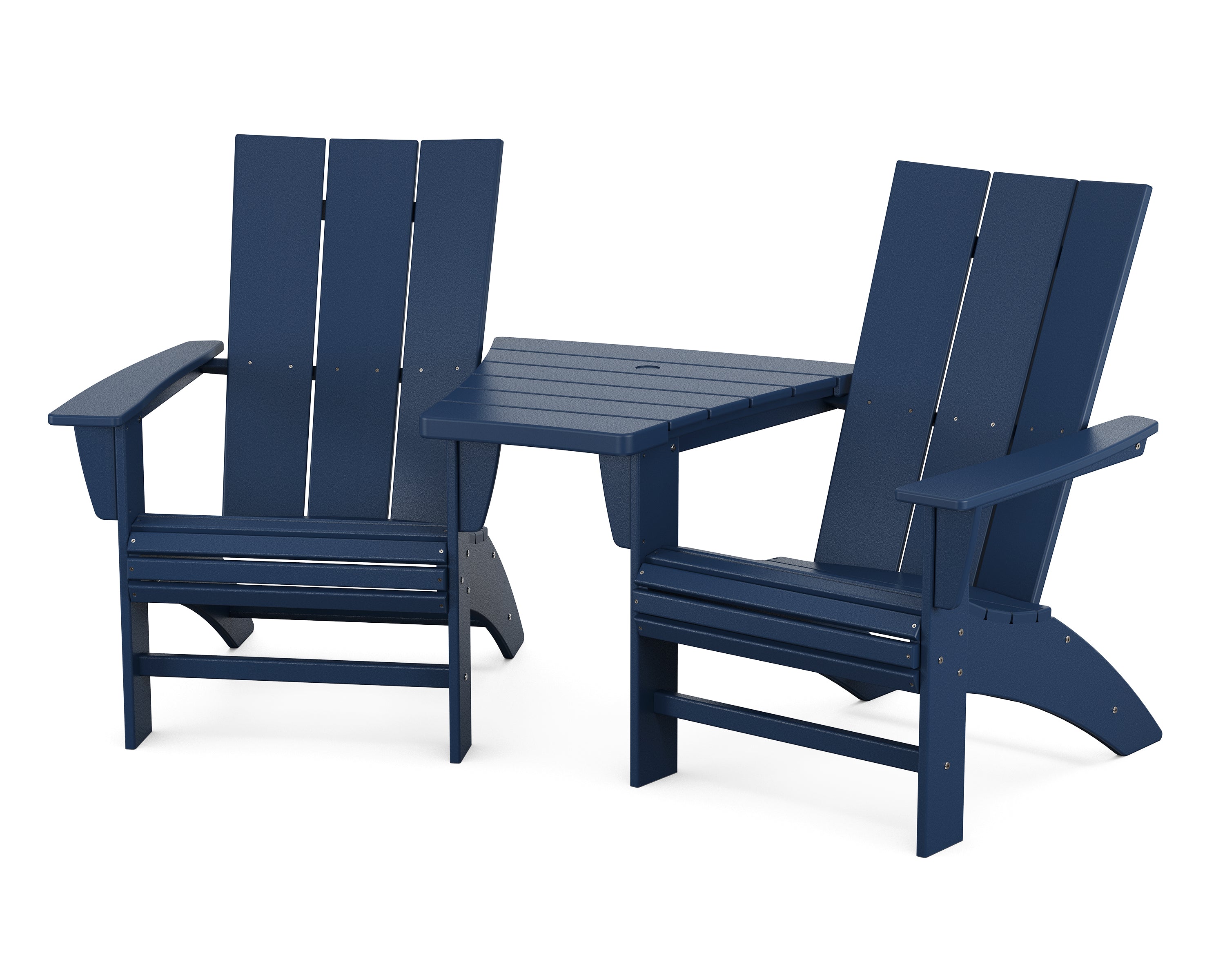 POLYWOOD® Modern 3-Piece Curveback Adirondack Set with Angled Connecting Table in Navy